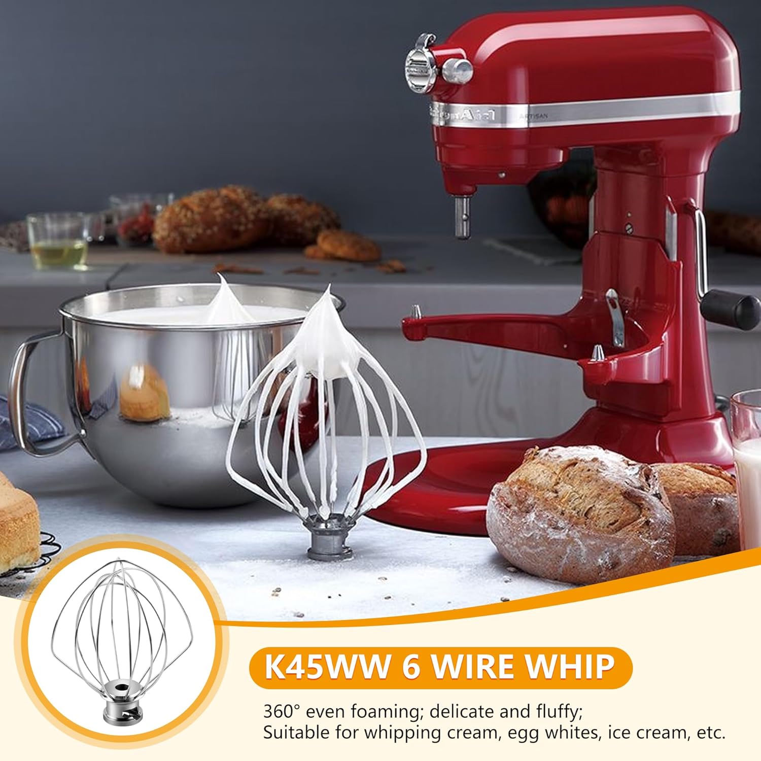 Compatible with KitchenAid blender accessories, including an egg beater, a kneading hook and a flat paddle. It has a storage hook and a scraper and can be placed in the dishwasher.