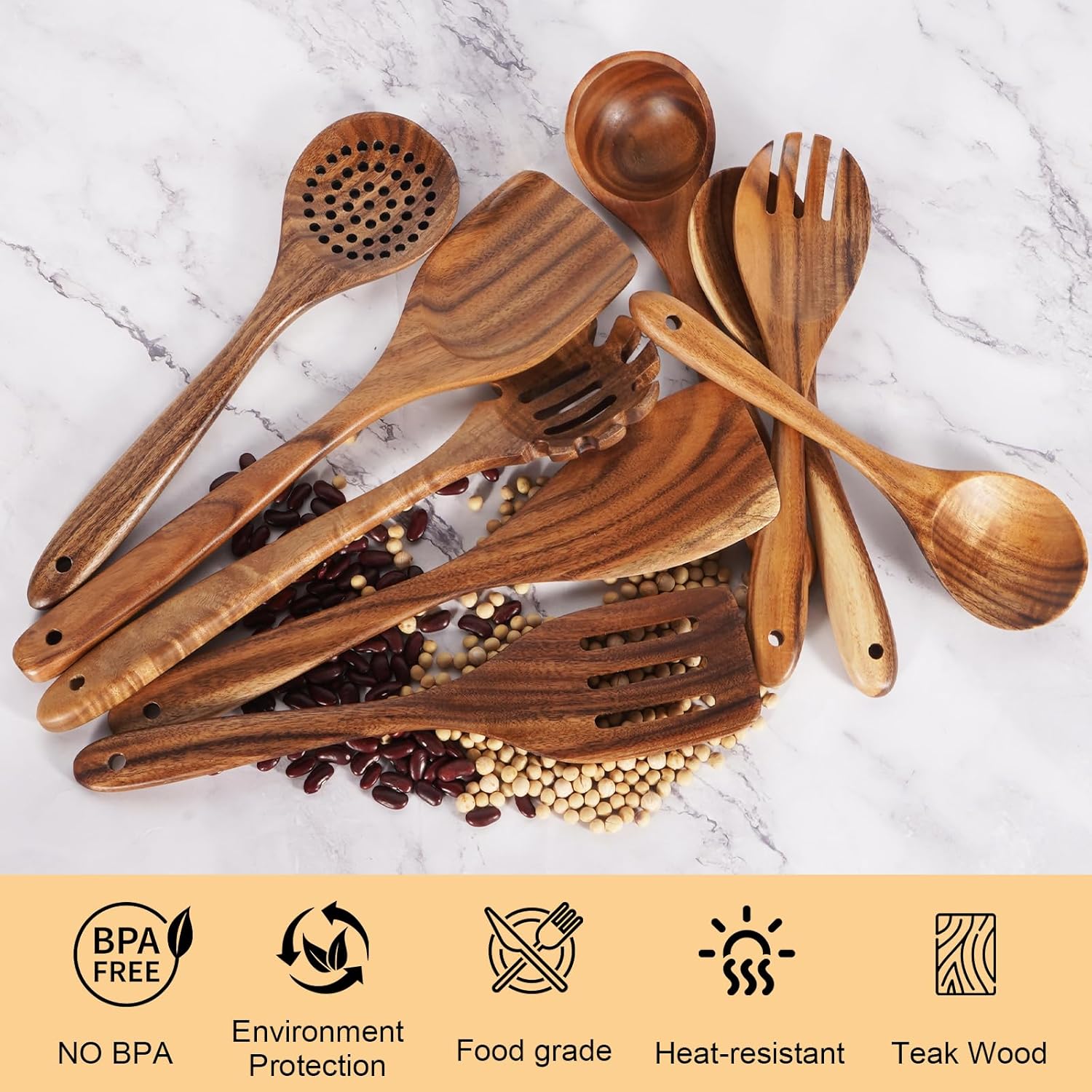 Wooden Spoons for Cooking – 9 Pc Teak Wood Utensil Set, Durable, Nonstick Safe & Heat Resistant with Ergonomic Handles - Unique Kitchen Gifts for Women Men, Cooking Gifts for Men Women