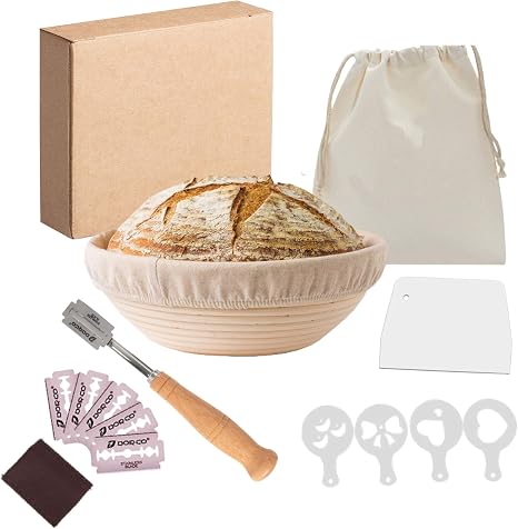 Amazon.com: GURU - Cesta redonda de 9.0 in para pan con cojón de madera,  rascador de plástico, 4 plantillas y bolsa de tela con cordón para hornear,  cestas de prueba, cesta de