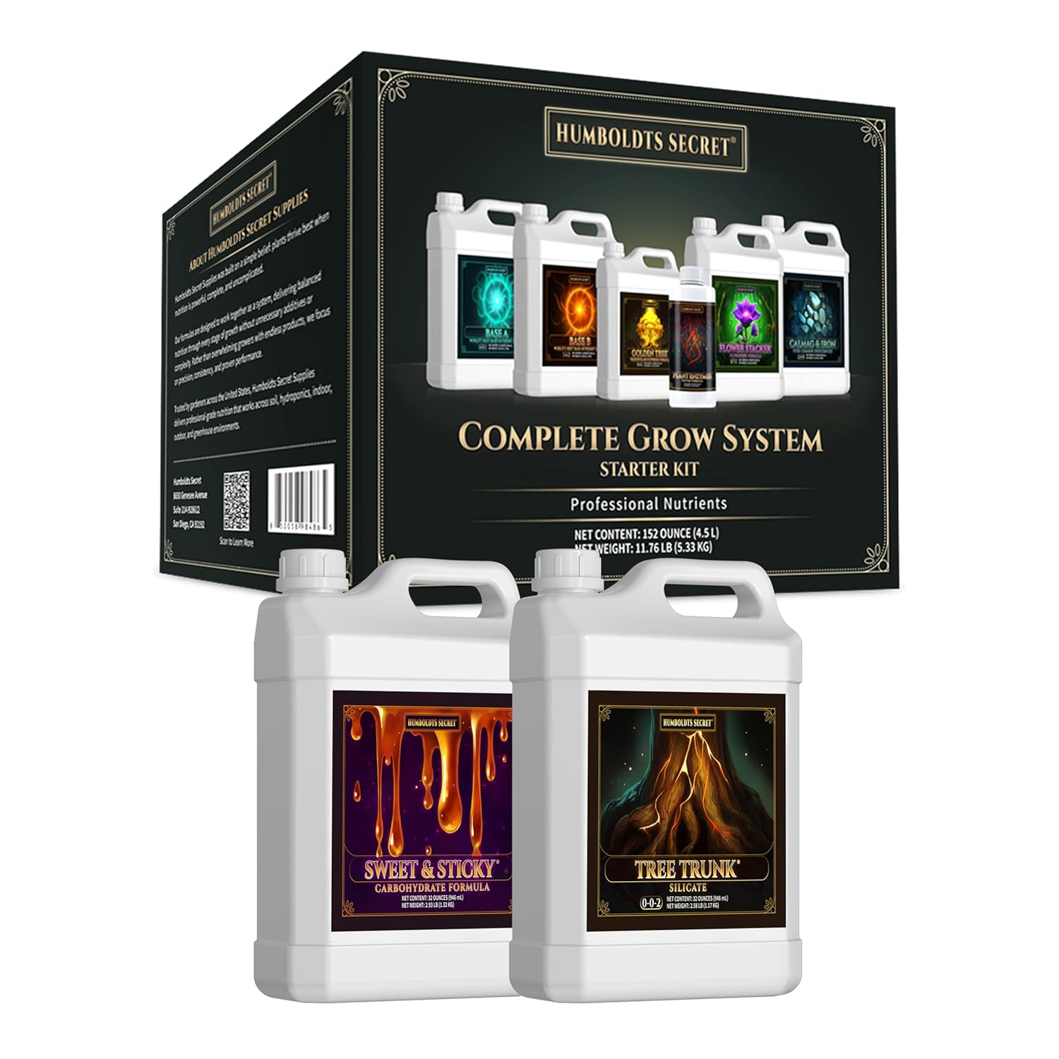 Humboldts Secret Starter Kit 2 - Indoor & Outdoor Plant Fertilizer and Nutrient System: Base A & B - Golden Tree - Flower Stacker - Plant Enzymes - CalMag & Iron - Sweet & Sticky - Tree Trunk
