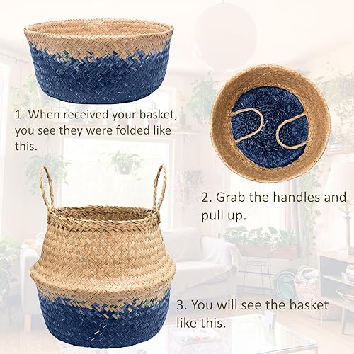 Miniatura 4 de Jolma's Cesta de hierba marina, 12.5 pulgadas tejida de mimbre para almacenamiento, picnic, lavandería, degradado azul índigo, pequeña