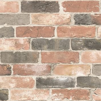 NuWallpaper by Brewster NU2064 Newport Reclaimed Brick Red Faded Peel & Stick Wallpaper