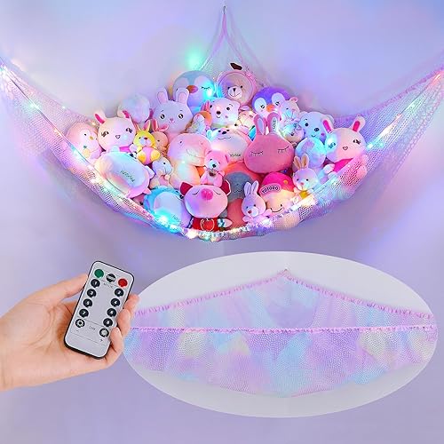 Unicorn Castle Hamaca de red para animales de peluche, almacenamiento de juguetes para niños con luz LED, organizador de juguetes de felpa para