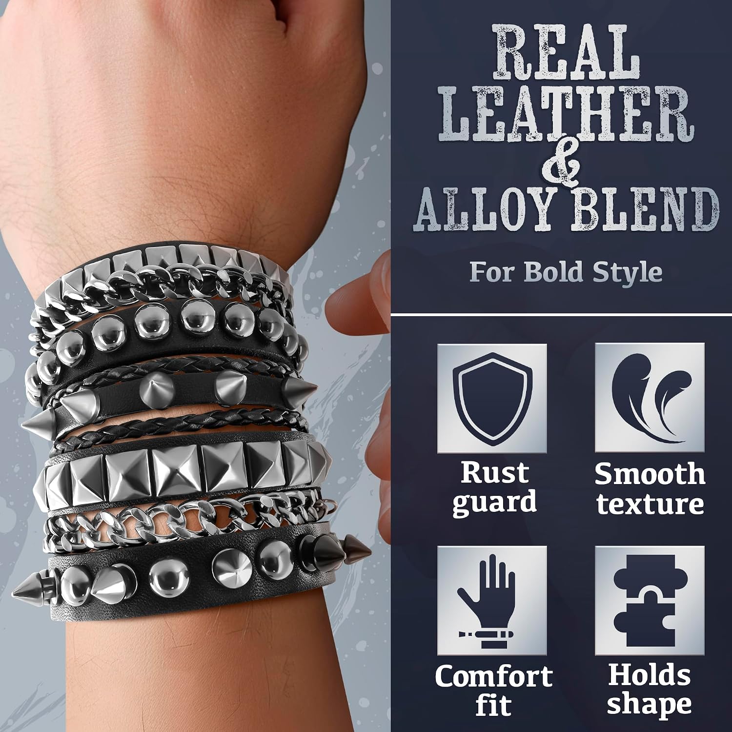 3 Pcs Leather Studded Bracelet for Men and Women – Adjustable Punk Rock Studded Bracelets with Metal Spikes and Chains – Wristbands for Concerts, Parties, Photoshoots, and Alternative Style Outfits