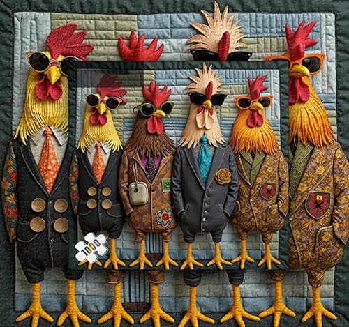 Miniatura 5 de Runway Roosters - Rompecabezas de 1000 piezas para adultos, rompecabezas de arte de gallo de moda, rompecabezas de animales difíciles desafiantes,
