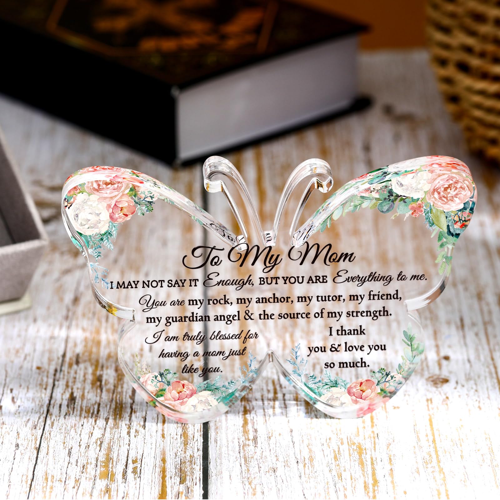 Jetec Mom Gifts from Daughter Son Mother Sign Birthday Gifts Acrylic Butterfly Shape Block Birthday Plaque 5.91'' Glass Sign Presents Grateful Mother Day Christmas Gift(to My Mom)
