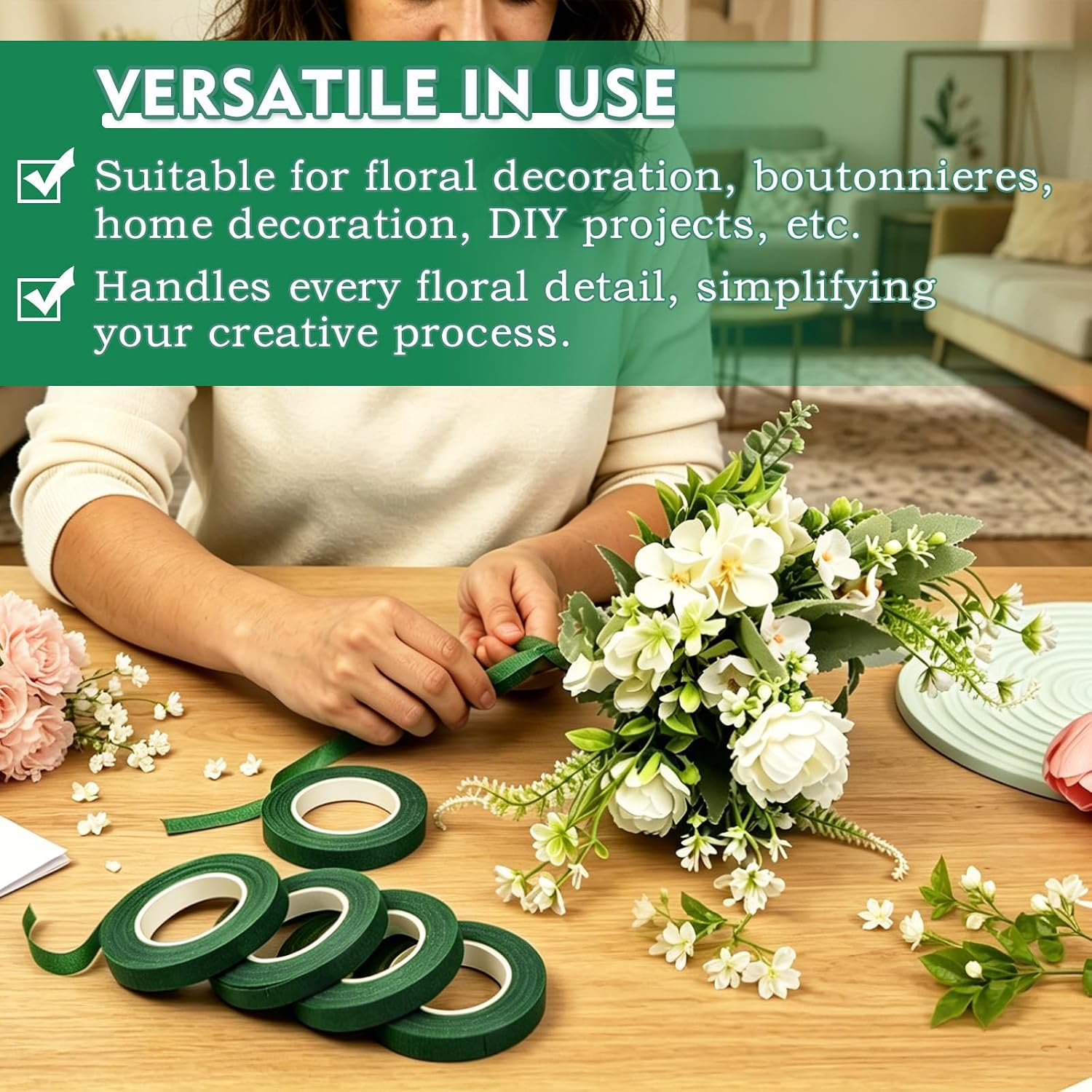 8 Rolls Dark Green Floral Tape, 1/2 Inch Wide 240 Yard Florist Tape, Waterproof Flower Tape for Bouquet Stem Wrapping, Floral Crafts, Wedding Bouquets and Flower Arrangements