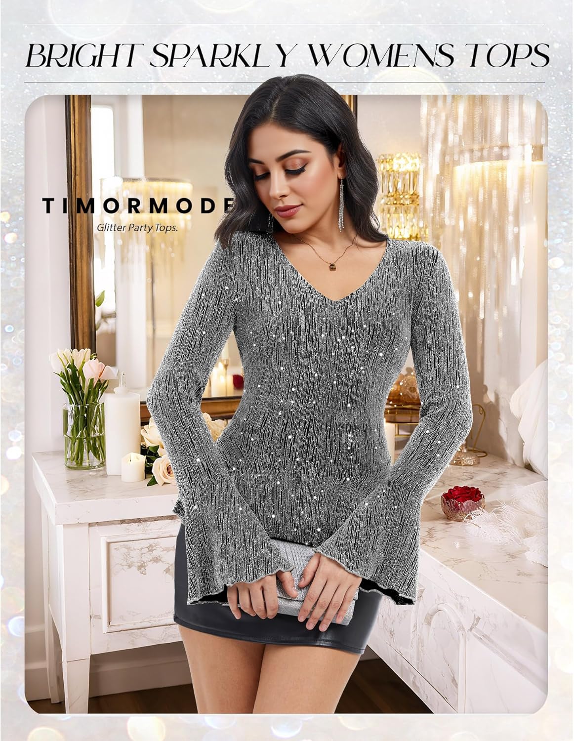 Sparkly Tops for Women Long Sleeve V Neck Ruffle Hem Sequin Shirts Glitter Blouses Evening Party Night - Image 4