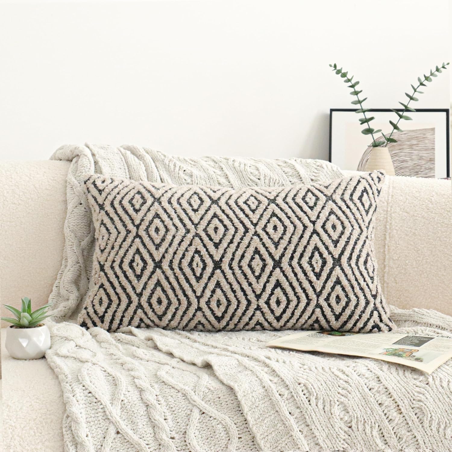 Jonhier Black White Boho Lumbar Throw Pillow Cover, Neutral Textured Geometric Rhombic Pattern Pillowcase, Farmhouse Accent Decorative Sham for Sofa Couch Bedroom Living Room, 12 x 20 inches, 1PCS
