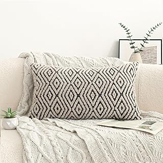 Jonhier Black White Boho Lumbar Throw Pillow Cover, Neutral Textured Geometric Rhombic Pattern Pillowcase, Farmhouse Accent Decorative Sham for Sofa Couch Bedroom Living Room, 12 x 20 inches, 1PCS