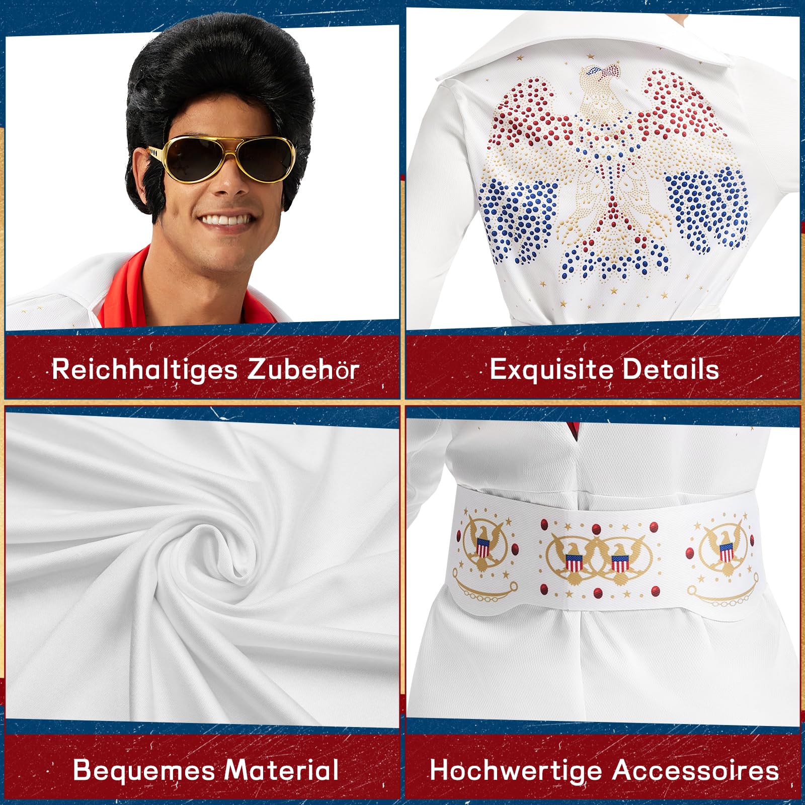 Ulikey Disfraz Elvis Presley Adulto, Disfraz Disco Hombre de Años 70 con Peluca de Elvis, Gafas de Sol, Micrófono, Bufanda Roja Disfraz de Rey Rock Hombre para Carnaval