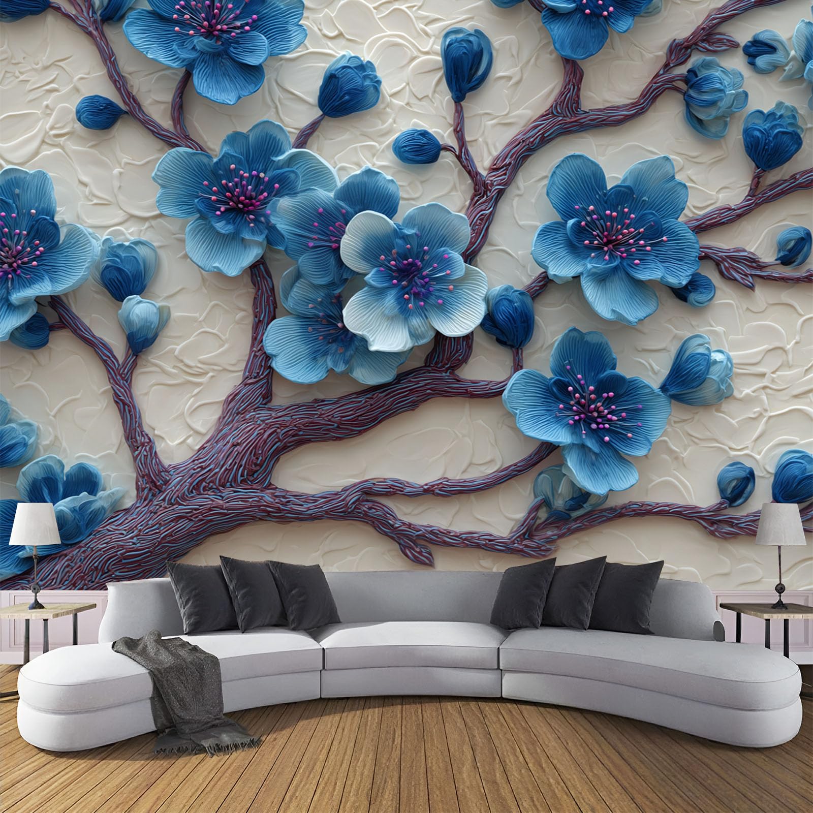 Carta Da Parati Fiori Ciliegio Ramoscelli 400×280cm Wallpaper Carta Da Parati Murale 3D, Rilievo Piante Fotomurali Moderni Per Soggiorno E Camera Da Letto, XXL Decorazione Murale 3D, Bianco