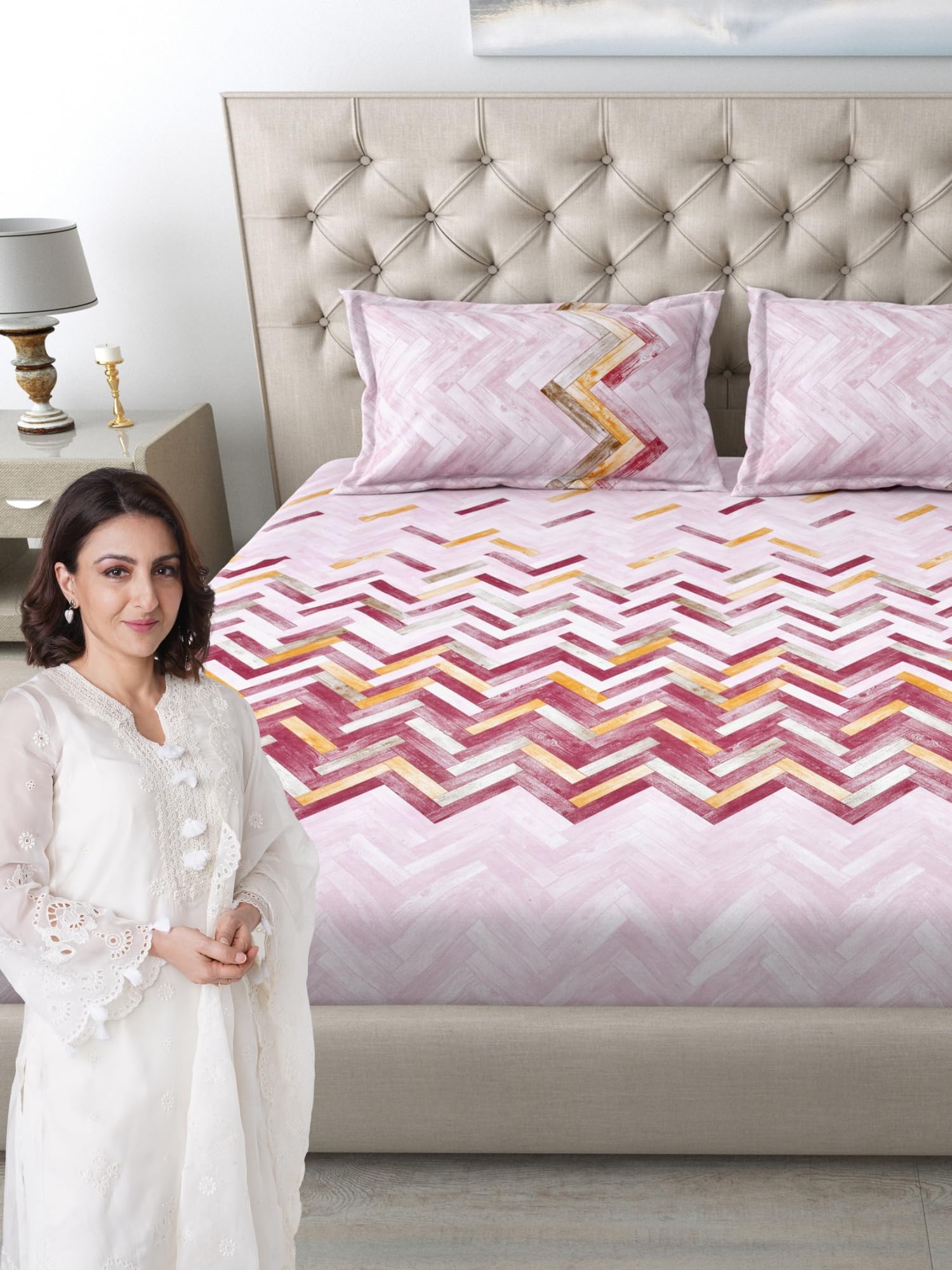 Mafatlal King Size Bedsheet - Beige Blue Leaf Print -31