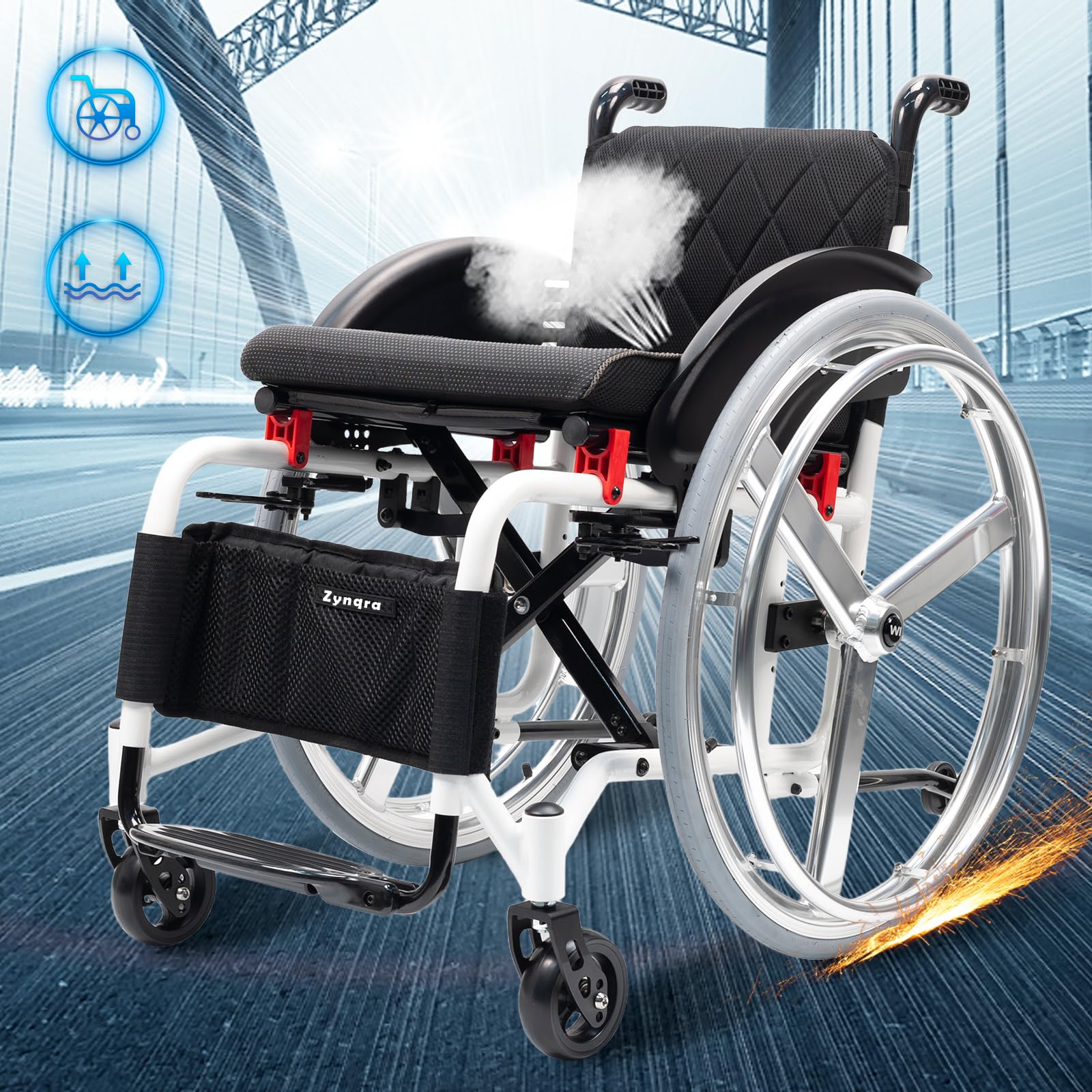 Ligera y plegable para transporte,illa de ruedas de aluminio para viajes, Silla de ruedas de tránsito,con freno de mano y ruedas de liberación rápida,Para mayores,minusválidos(16.5in seat width)