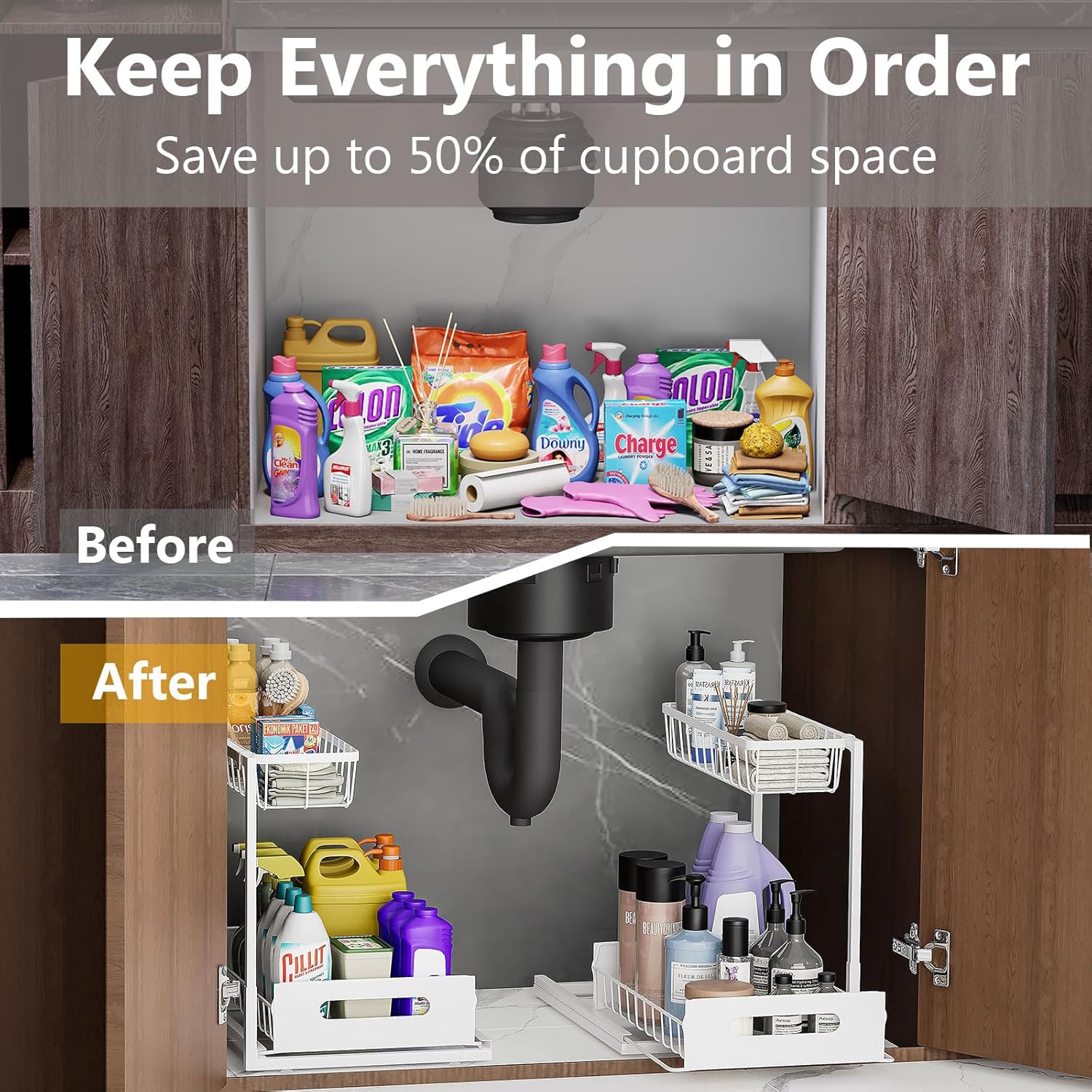 Under Sink Organizers and Storage 2 Tier Slide Out Kitchen Cabinet Organizer Sturdy Metal Bathroom Storage (White, 2 Pack)