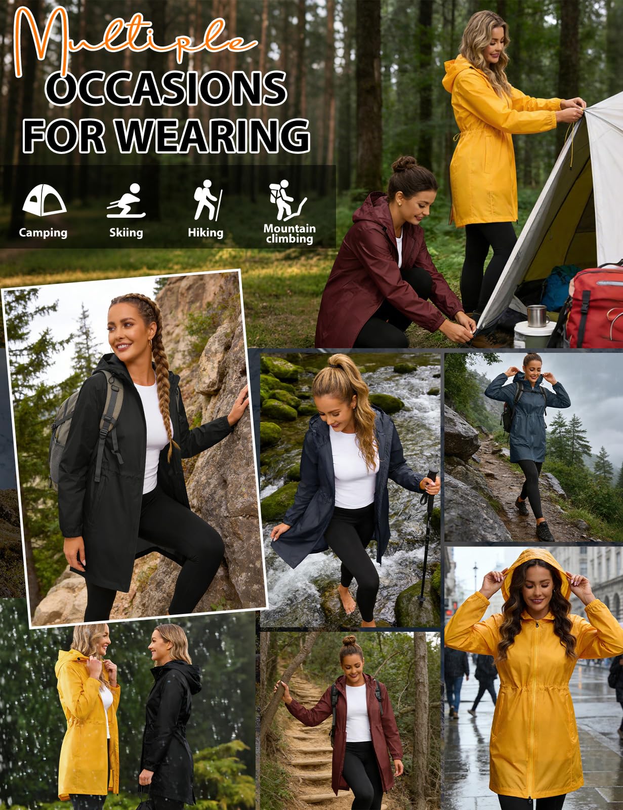 Vancavoo Veste Imperméable Femme Chic Long Manteau de Pluie Coupe Vent avec Capuche Poncho avec Poche