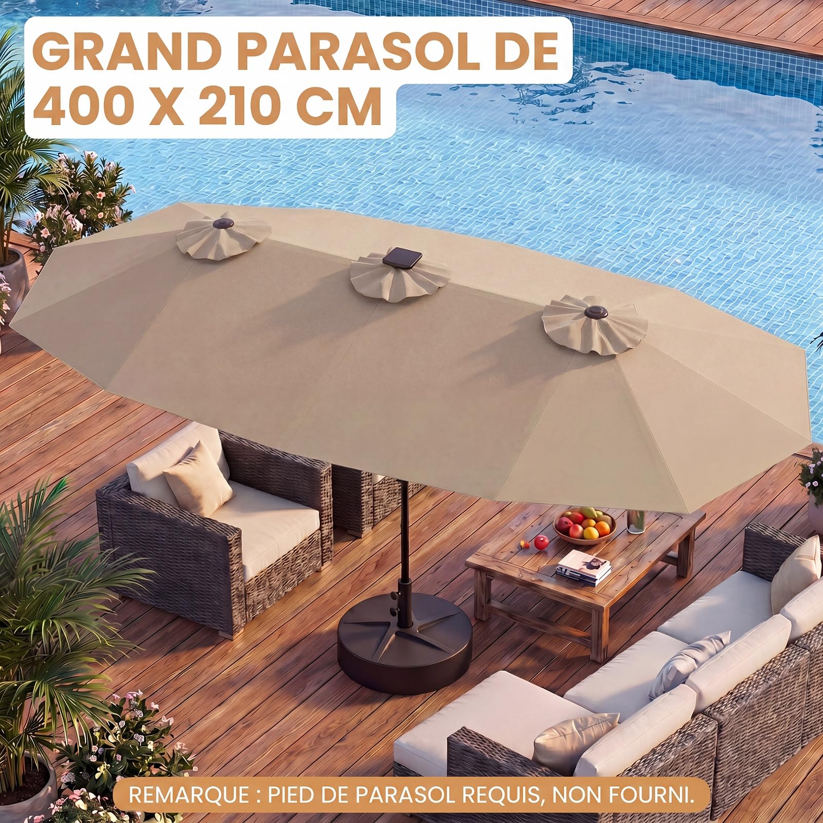 COSTWAY Parasol de Jardin Double 400 x 210 cm, Grand Parasol Rectangulaire avec LED, Manivelle Pratique, Structure à 12 Baleines, Protection Solaire pour Terrasse, Balcon, Camping (Marron)