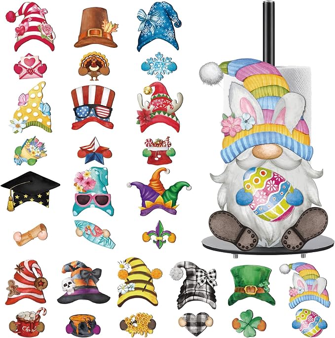 Holiday Interchangeable Paper Towel Holder Countertop Vintage Gnome Metal Stand Towels Paper Holder with 15 Set Magnets Decoration Seasonal Kitchen Decor Kit for Indoor Accessories