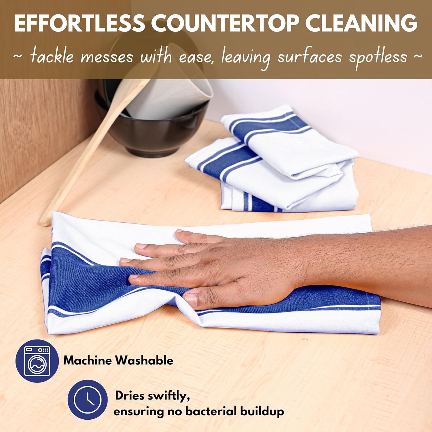 Native Fab Blue Kitchen Towels 18x28 Inch, Set of 4, Wide Stripe, Super Absorbent, Quick Dry, Soft, 100% Cotton Dish Towels for Wiping Hands, Drying Dishes, Cleaning Dishcloths Set - Ink Blue - Image 4