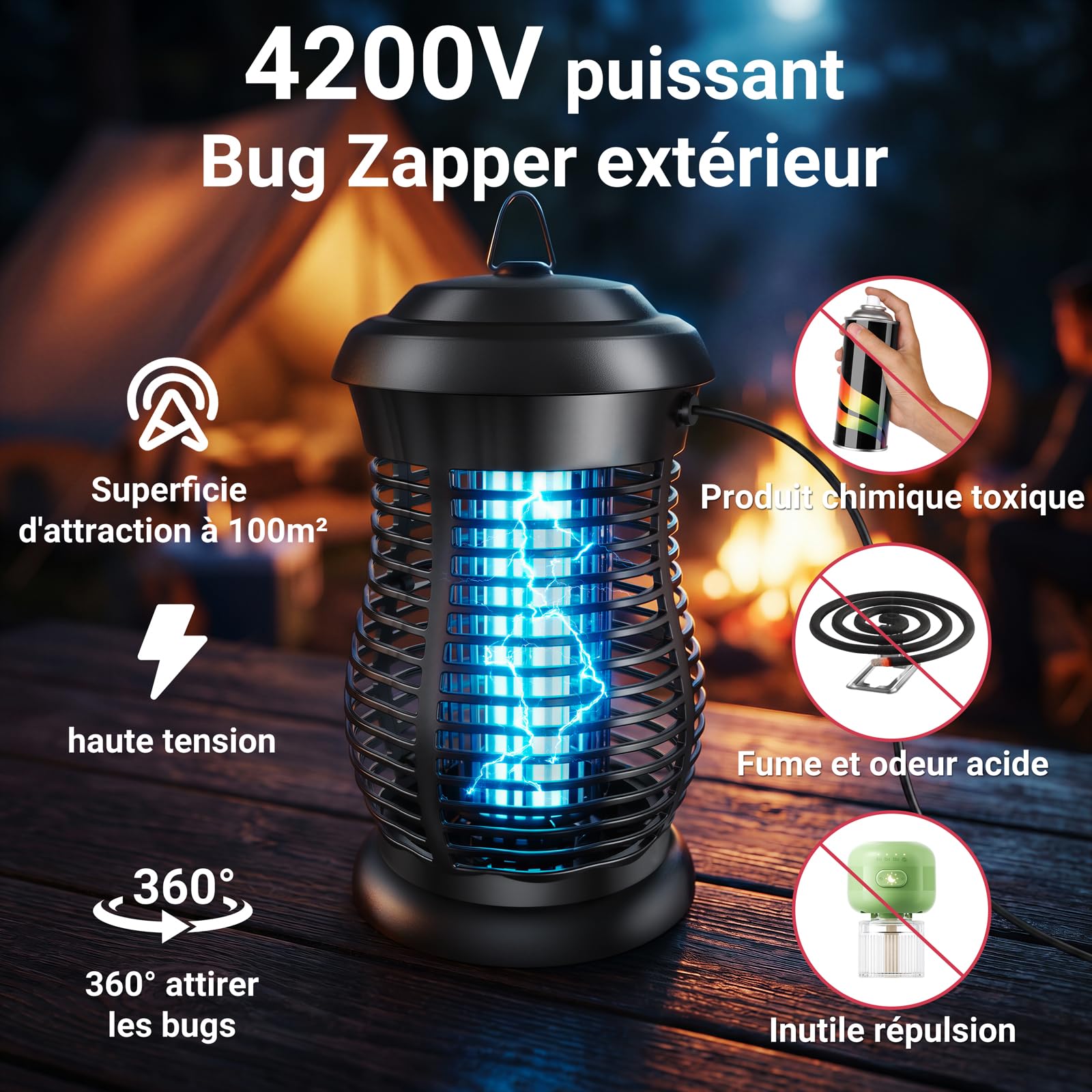 Lampe Anti Moustique Electrique, Tueur d'Insectes Électrique 4200V 20W UV,Appareil Anti Moustique à Lumière Bleue, Anti Insectes Répulsif Étanche IPX6 Efficace Portée 100m² pour Intérieur et Extérieur