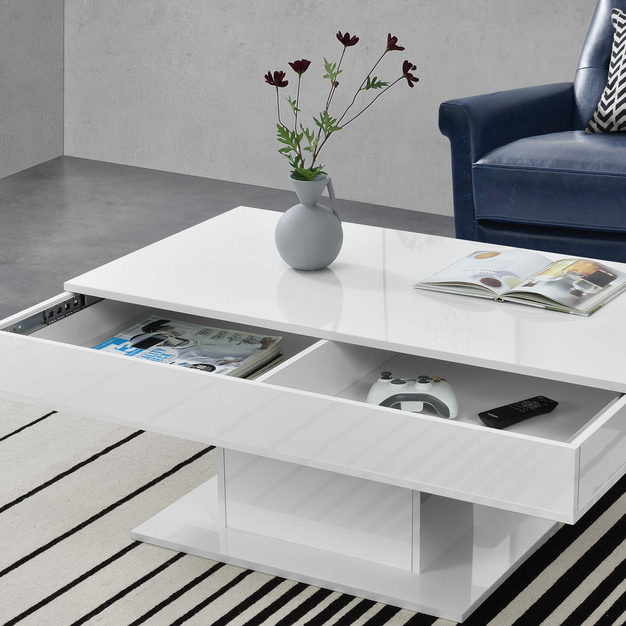 [en.casa] Table Basse de Salon avec 2 Espaces de Rangement Intérieur Design Style Intemporel Stable Rectangulaire pour Séjour Bureau Panneau de Particules 40 x 110 x 60 cm Blanc Brillant