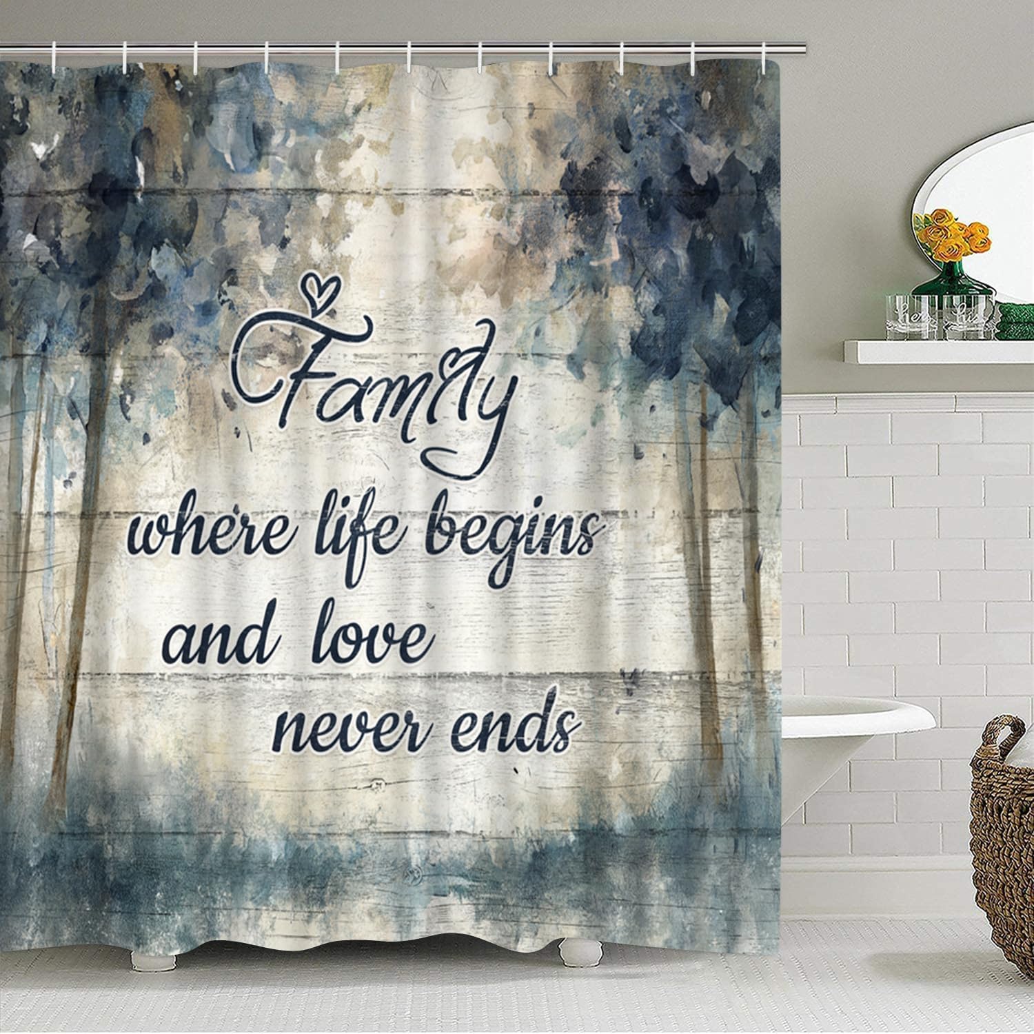 Tree Shower Curtain Set with Bath Mats Family Quote Blue Beige Rugs and Accessories 4 Piece Bathroom Decor