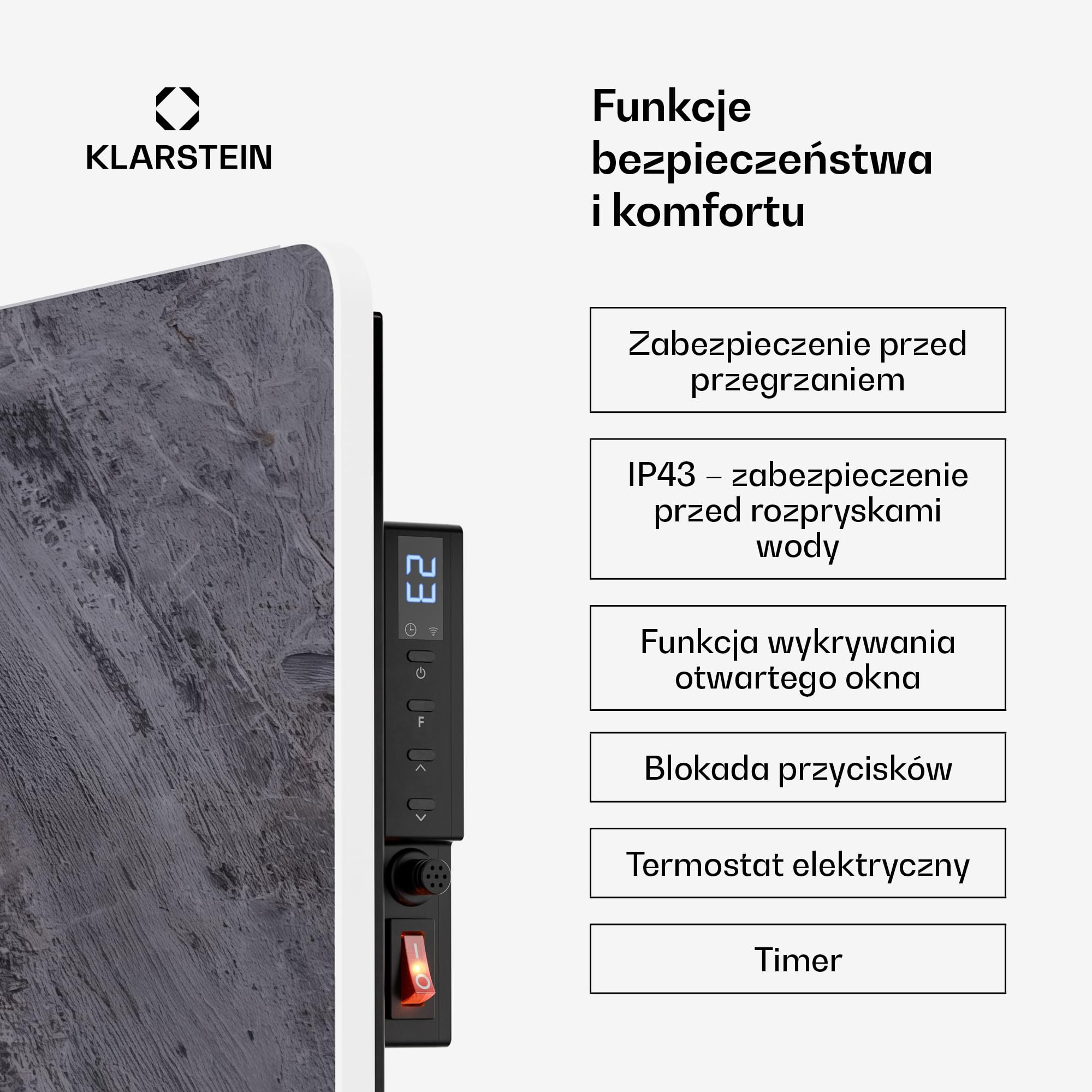 Klarstein Ogrzewanie na podczerwień 600 W – montaż na ścianie i urządzenie stojące, termostat, sterowanie aplikacją, wygląd marmuru, IP43, ochrona przed przegrzaniem, do łazienki i salonu, elektryczne