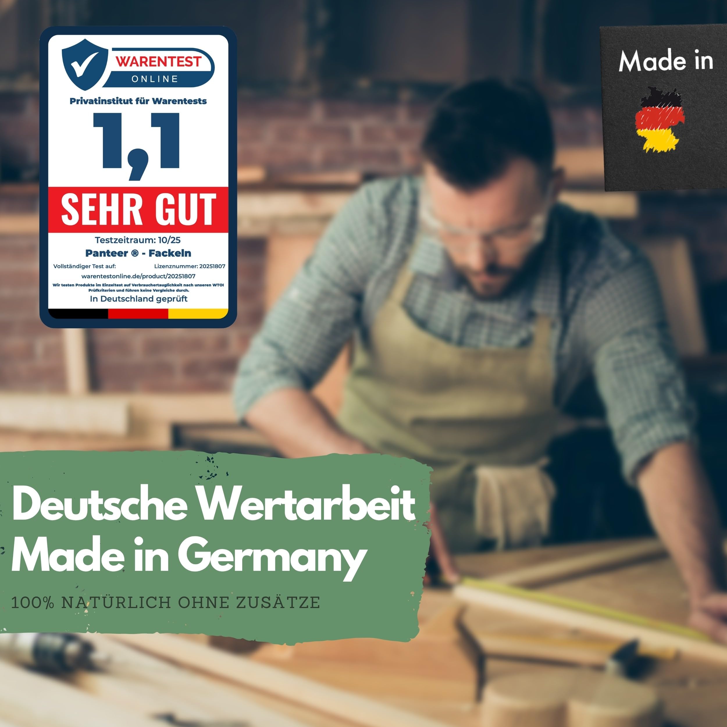 Panteer ® Fackeln für draußen - 10 Stück 45 Min. Brenndauer - Made in Germany - Für eine Wanderung mit Kindern oder Freunden, ideal im Garten oder zu Ostern/Silvester - Mit Handschutz