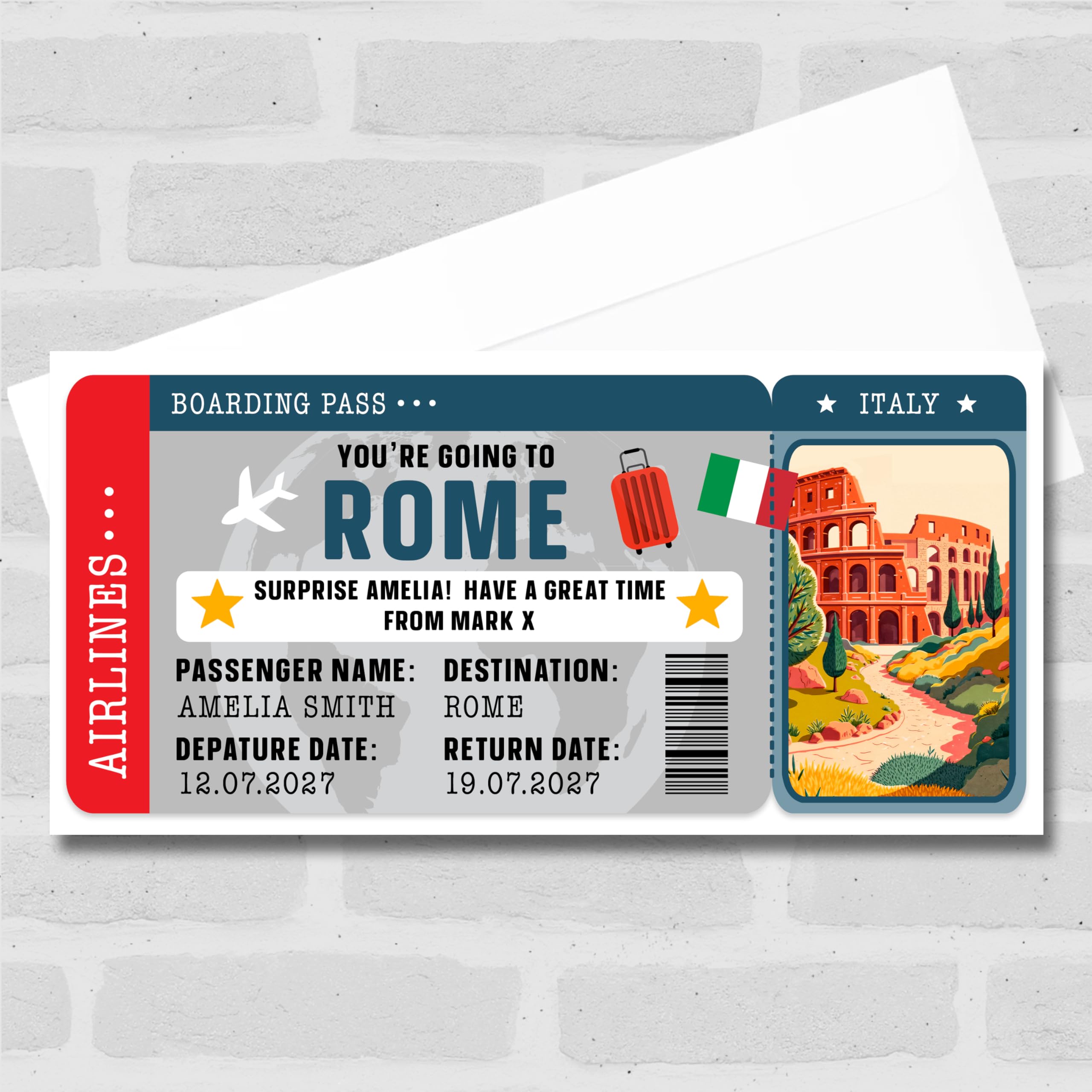 Greetings Card - Rome Italy Boarding Pass Personalised Gift Voucher Surprise Holiday Trip Ticket | Custom Greetings Card | Surprise Reveal Voucher Spoof Ticket