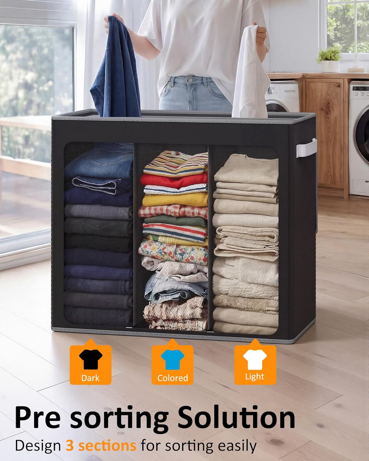 Optish 180L Laundry Hamper 3 Section, Large Laundry Hamper with Lid, Dirty Clothes Hampers with Handles, Laundry Basket Organizer for Laundry, Bedroom, Bathroom, Laundry Sorter Baskets, Black