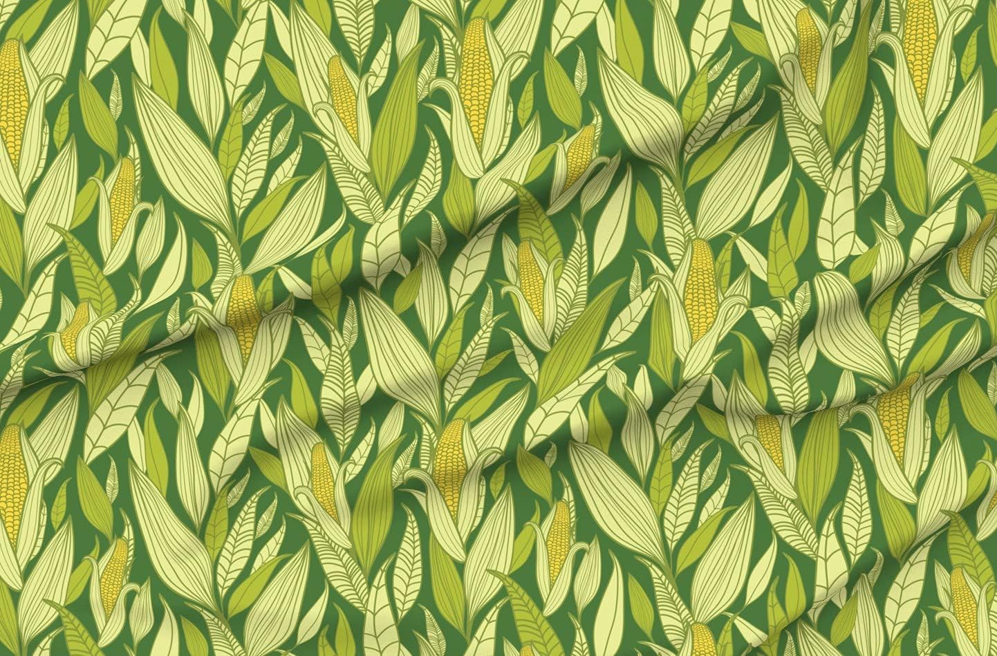 Spoonflower Fabric - Corn Plants Leaf Plant Sweet Food Vegetable Printed on Organic Cotton Sateen Fabric by The Yard - Sewing Quilting Apparel Home Decor