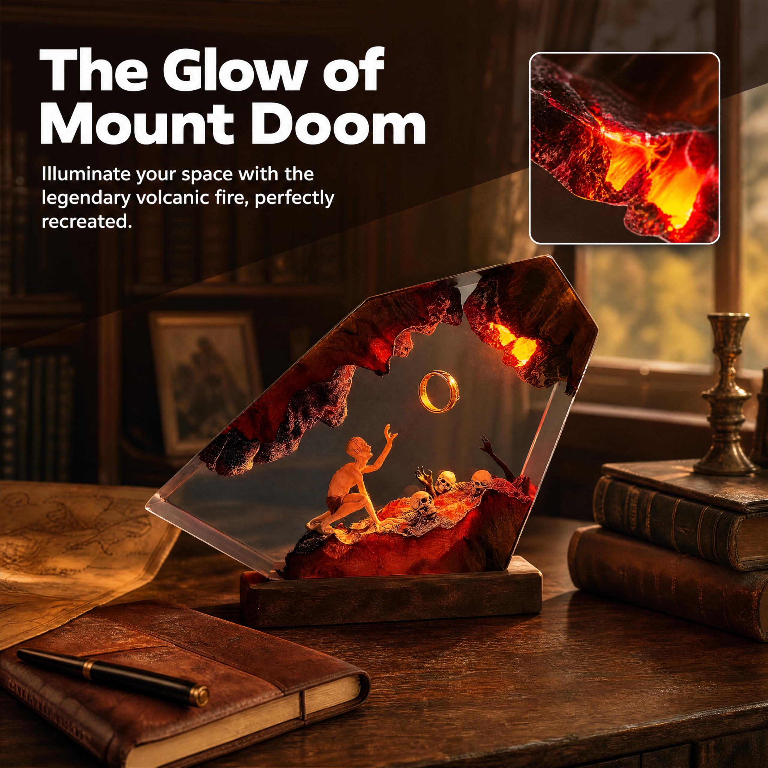 Lampada in resina epossidica, anello del Signore Oscuro, luce notturna a LED realizzata a mano in resina di legno massello, porta USB, decorazione per comodino della camera da letto, regalo di