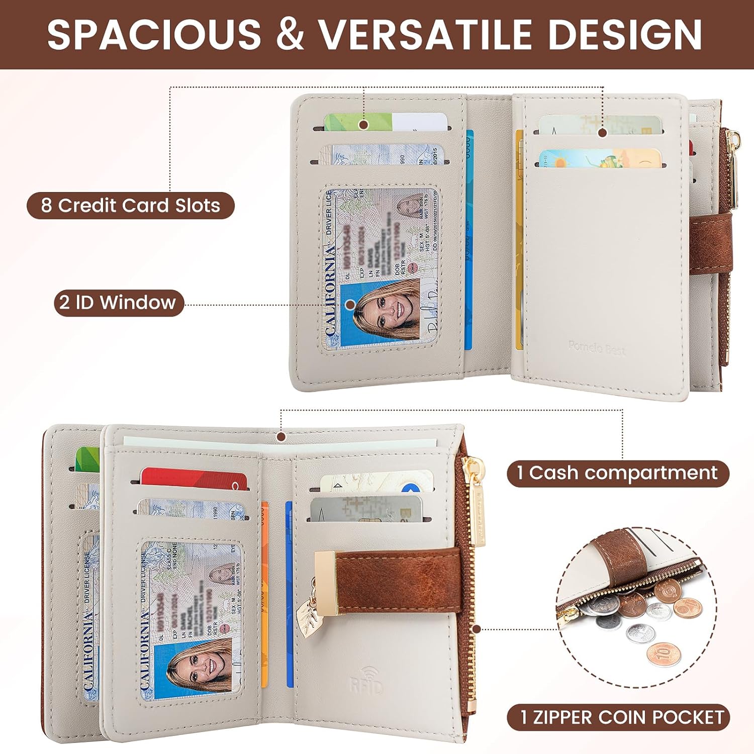 Pomelo Best Wallet Women Large Capacity Bifold Wallets for Women Credit Card Holder 8 Card Slots with 2 ID Window Zipper Coin Pocket Brown - Image 4