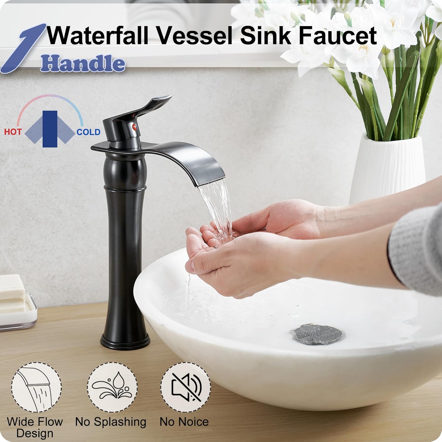 Oil Rubbed Bronze Faucet Bathroom Brass Waterfall Bathroom Faucet 2 Handle 8 Inch Widespread Bathroom Sink Faucet, Vessel Sink Faucet Oil Rubbed Bronze Brass Tall Bathroom Faucet Waterfall 1 Hol