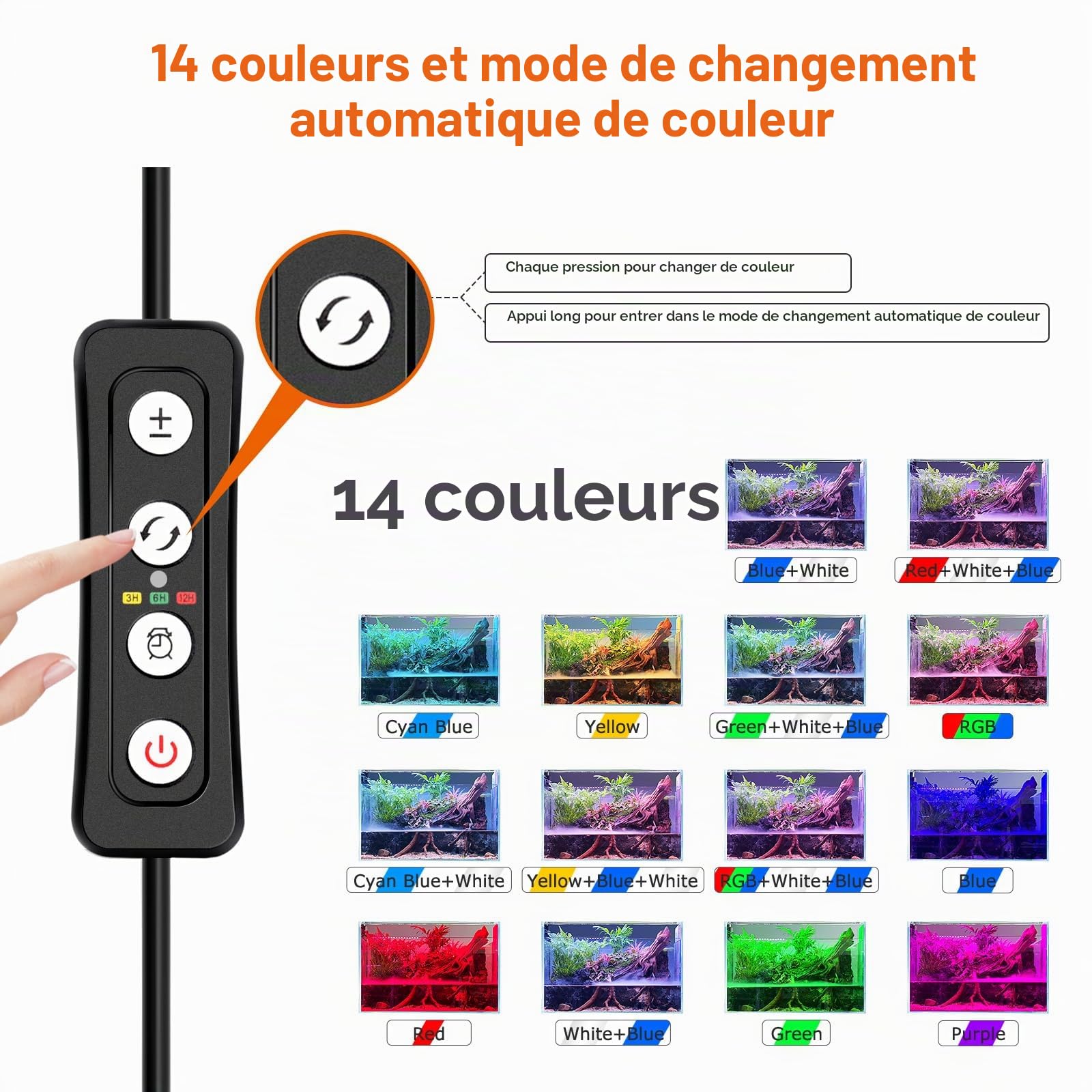 AQQA Éclairage Aquarium, Rampe LED d’Aquarium Spectre Complet avec minuterie Marche/arrêt Automatique,Rampe LED Aquarium,5 Niveaux de luminosité Ajustables,14 Couleurs (45W(120-140cm))