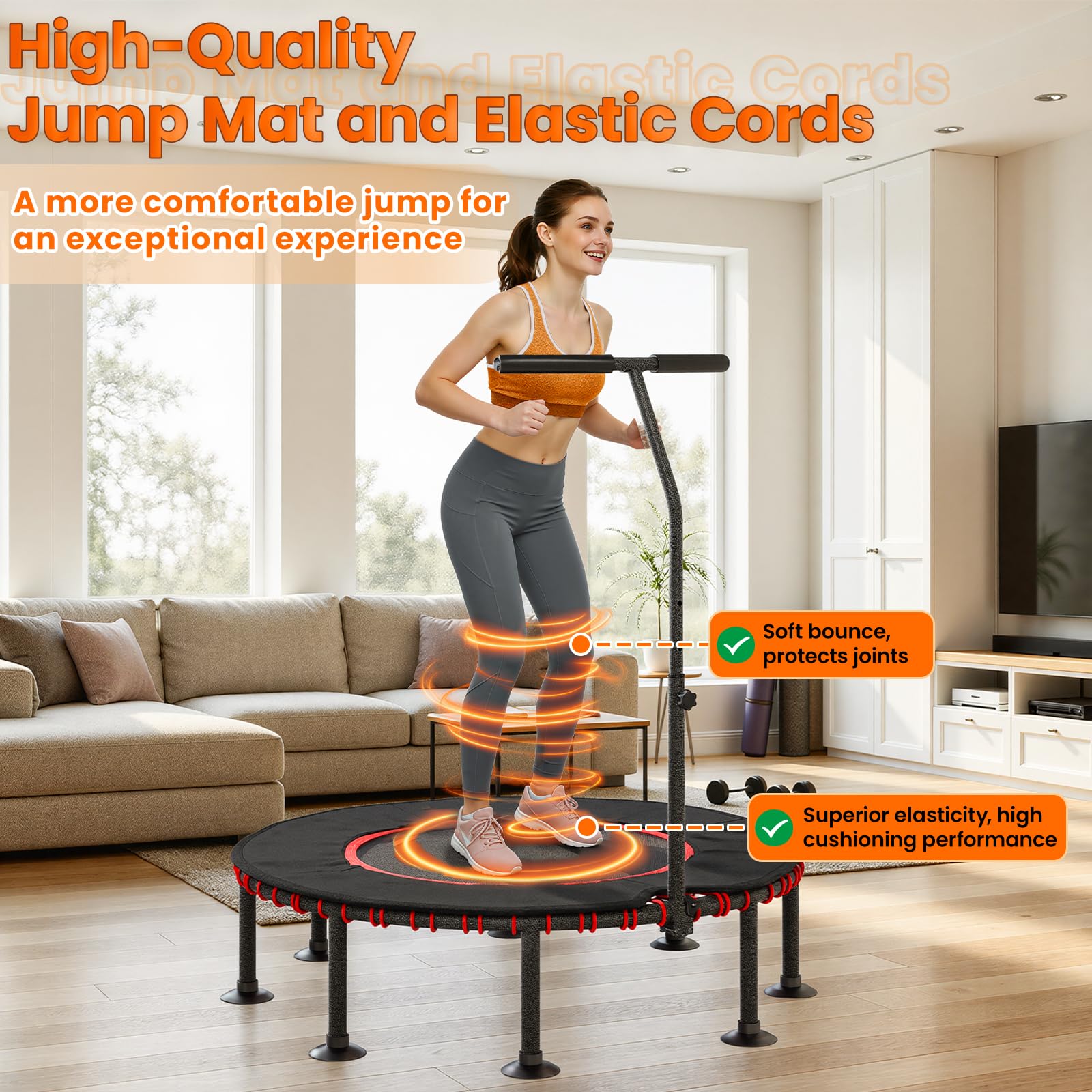 LIFERUN Trampolina fitness do użytku wewnątrz Ø 102/122 cm, mini gumowe linki, trampolina, udźwig 150 kg, wyściełany pokrowiec ochronny, regulowany uchwyt, dla dorosłych, stabilna, cicha, do domu