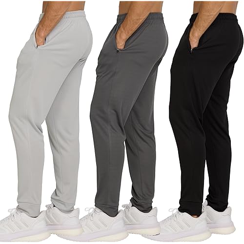 PURE CHAMP Men’s 3 Pack Mesh Joggers with Zipper Pockets, Athletic Pants for Men – Moisture-Wicking Gym Sweatpants Men