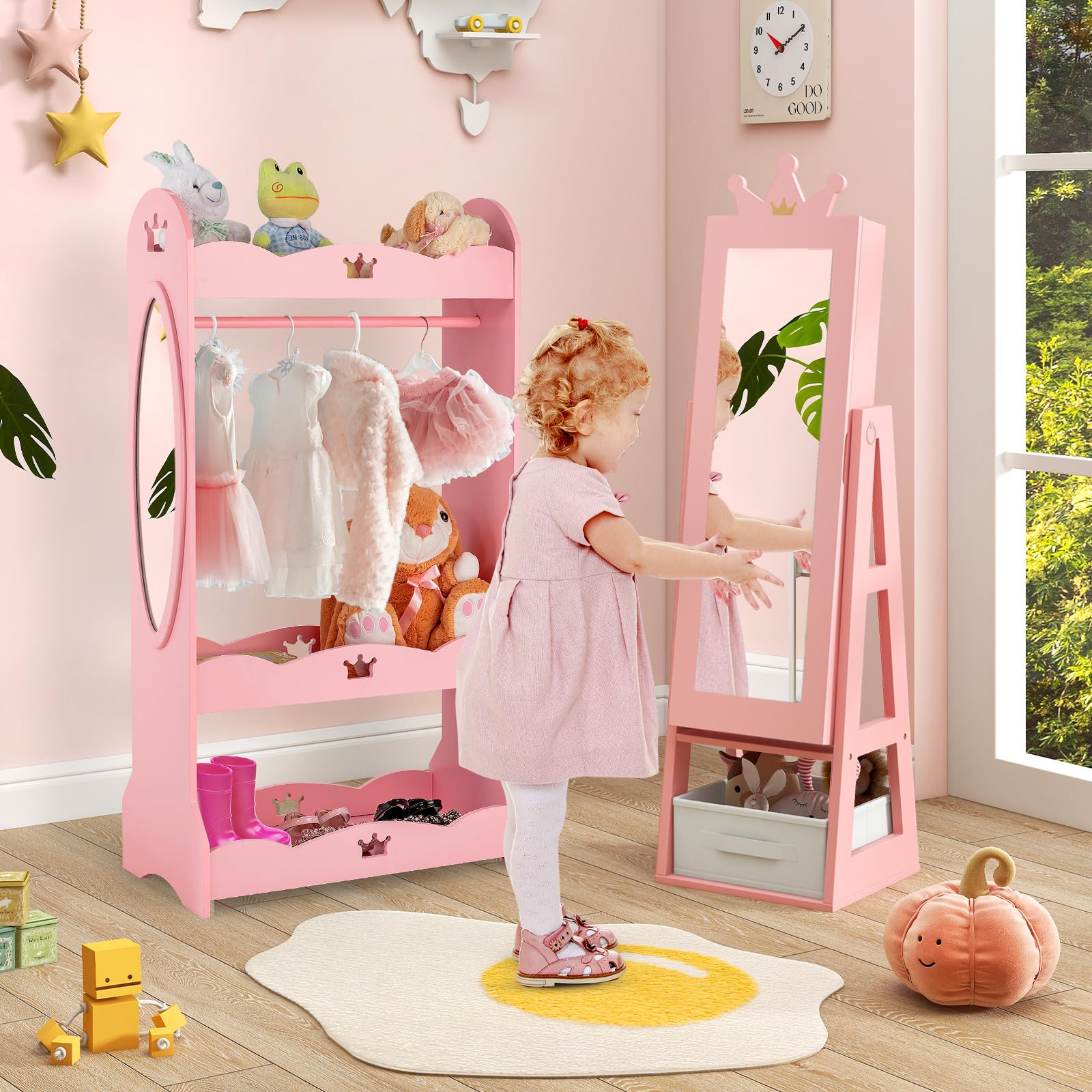 COSTWAY Kinder Schmuckschrank, 3 in 1 Spiegelschrank neigbar mit Ganzkörperspiegel & Aufbewahrungskorb, Schmuck-Organizer in Kronenform für Kinder ab 3 Jahren (Rosa)