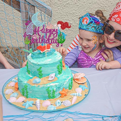Miniatura 5 de Gyufise Decoración de sirena para pastel de feliz cumpleaños, conchas marinas con purpurina, decoración de cola de coral para decoración bajo el