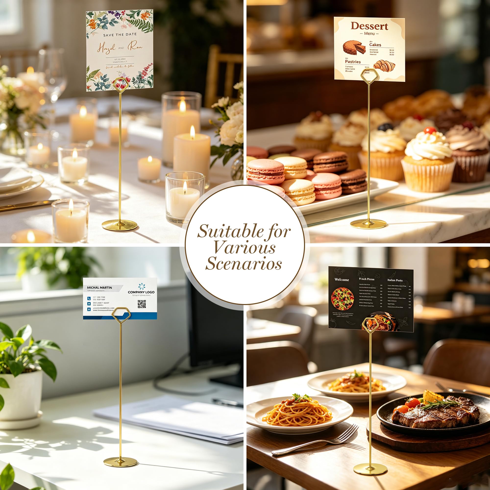 Urban Deco 16 soportes para tarjetas de mesa de 12 pulgadas con diamantes de acero para fotos, letreros de comida, notas de notas, bodas, restaurantes, cumpleaños