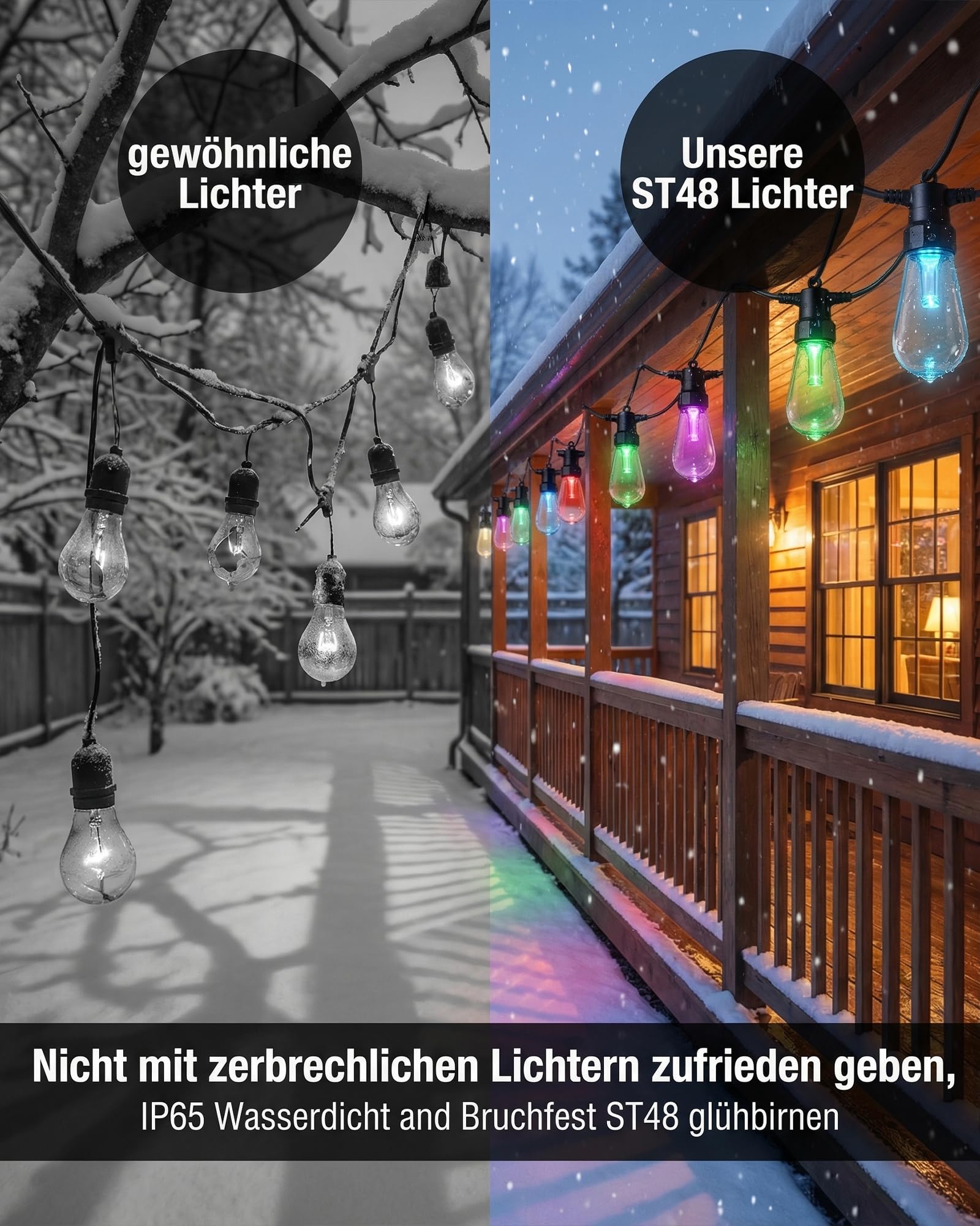 RGBW Lichterkette Außen 15M mit 20 LED Lampen,Smart Gartenbeleuchtung mit App & Fernbedienung,Musik Synchronisation,Dimmbar,Timer,IP65 Wasserdicht,Farbwechsel für Balkon,Terrasse & Pergola