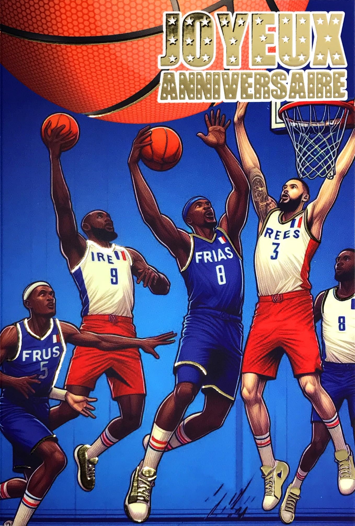 AFIE 65-1423 - Biglietto di auguri allegro, in oro dorato lucido, con busta, 12 x 17,5 cm, per sport e basket, campione basket, sostenitore della squadra Francia Giochi olimpici