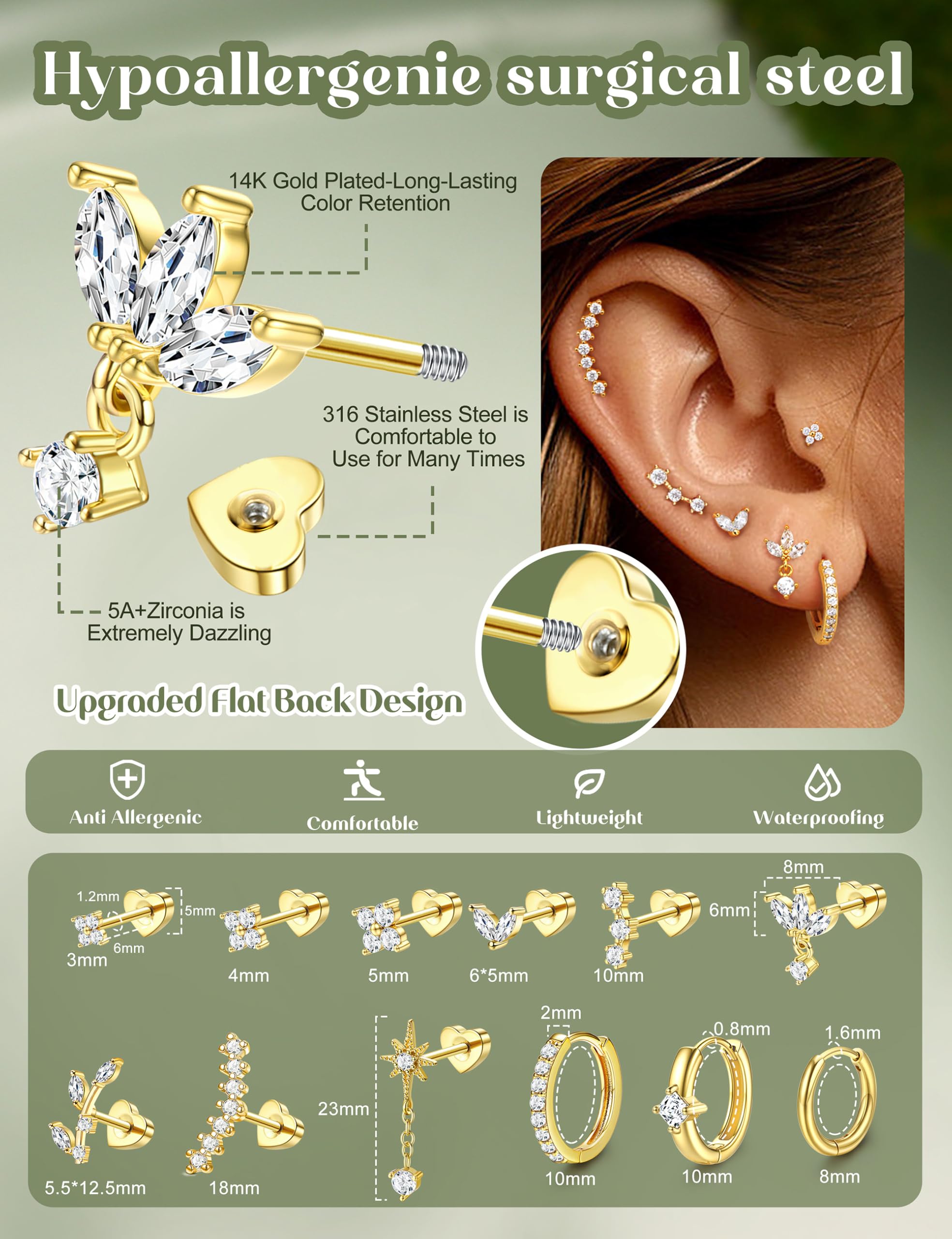 27 Pezzi Helix Piercing Gioielli Orecchini in Acciaio Chirurgico con Parte Posteriore Piatta per Donne Helix Orecchini a Cerchio Set Trago Orecchino Cartilagine Argento Oro Conchiglia Daith Rook Trago
