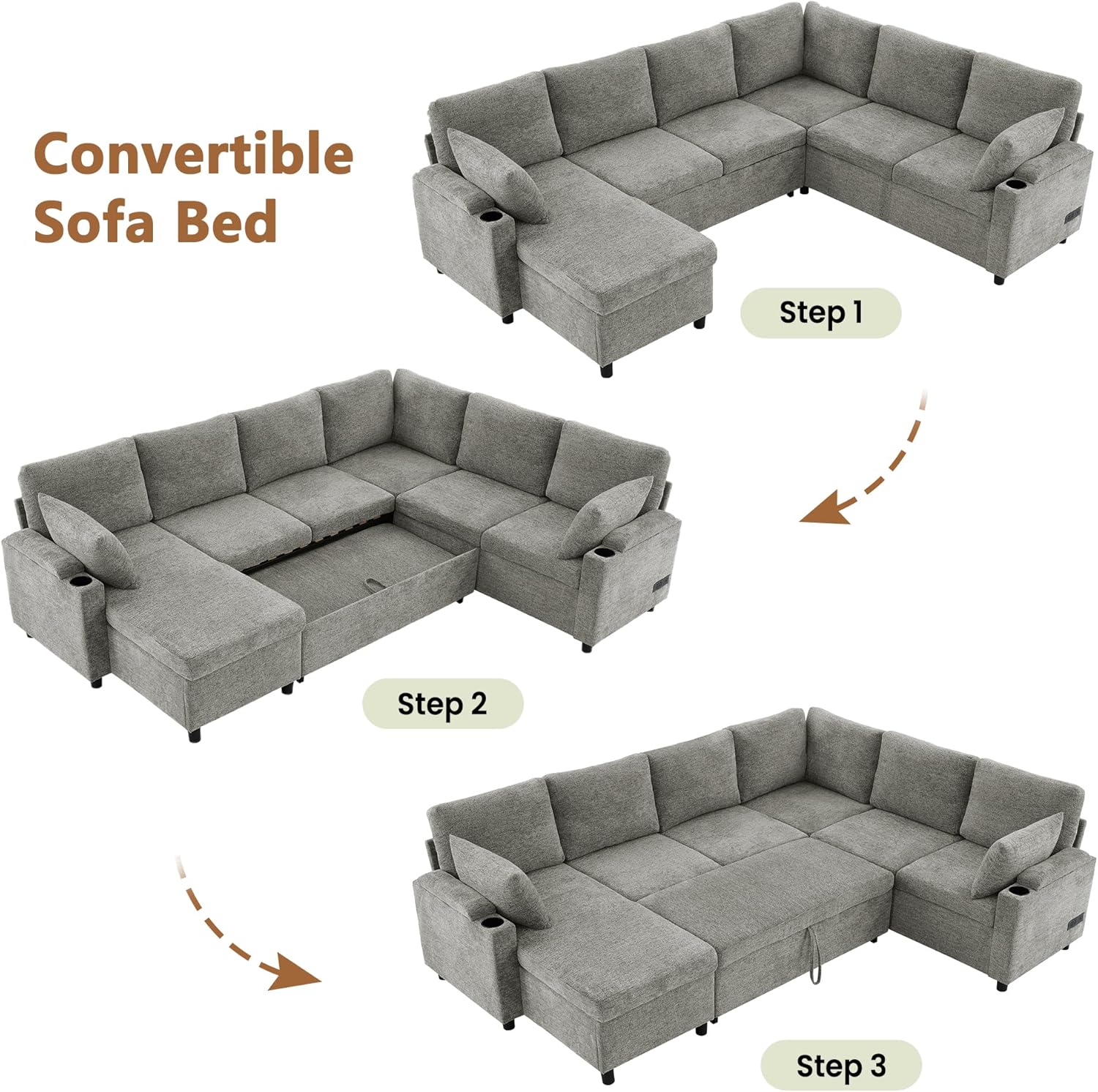 Three-step diagram showing the conversion of the sectional sofa into a bed. Step 1 shows the sofa, Step 2 shows the pull-out mechanism extending, and Step 3 shows the fully converted bed.