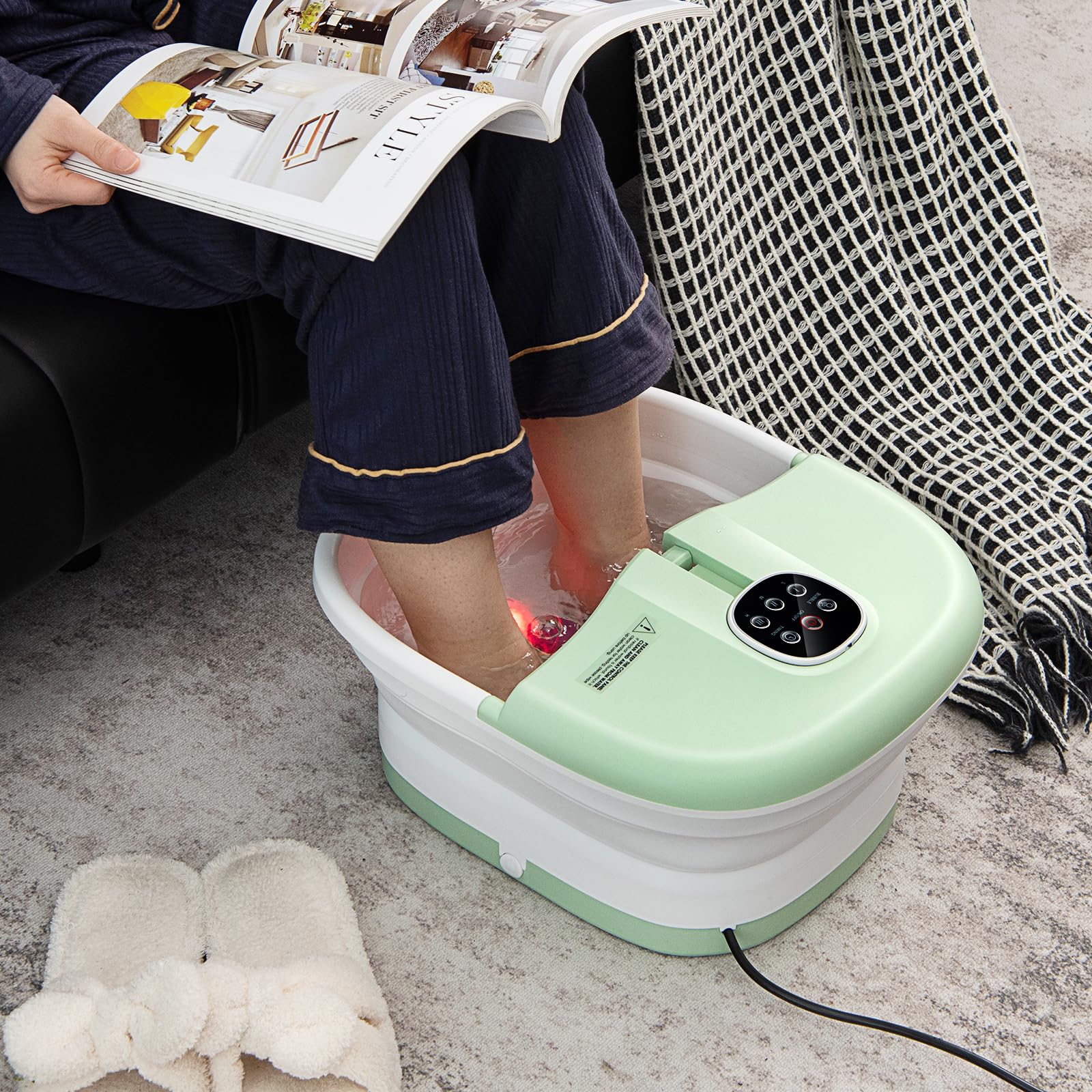 HOMASIS Bañera Spa Masajeador Plegable Para Pies con Calentamiento, Hidromasaje para Pies con Rodillos, Piedras Pómez y Temperaturas Ajustables 41/43/45 °C, Temporizador de 20/60 Minutos, 500W (Verde)