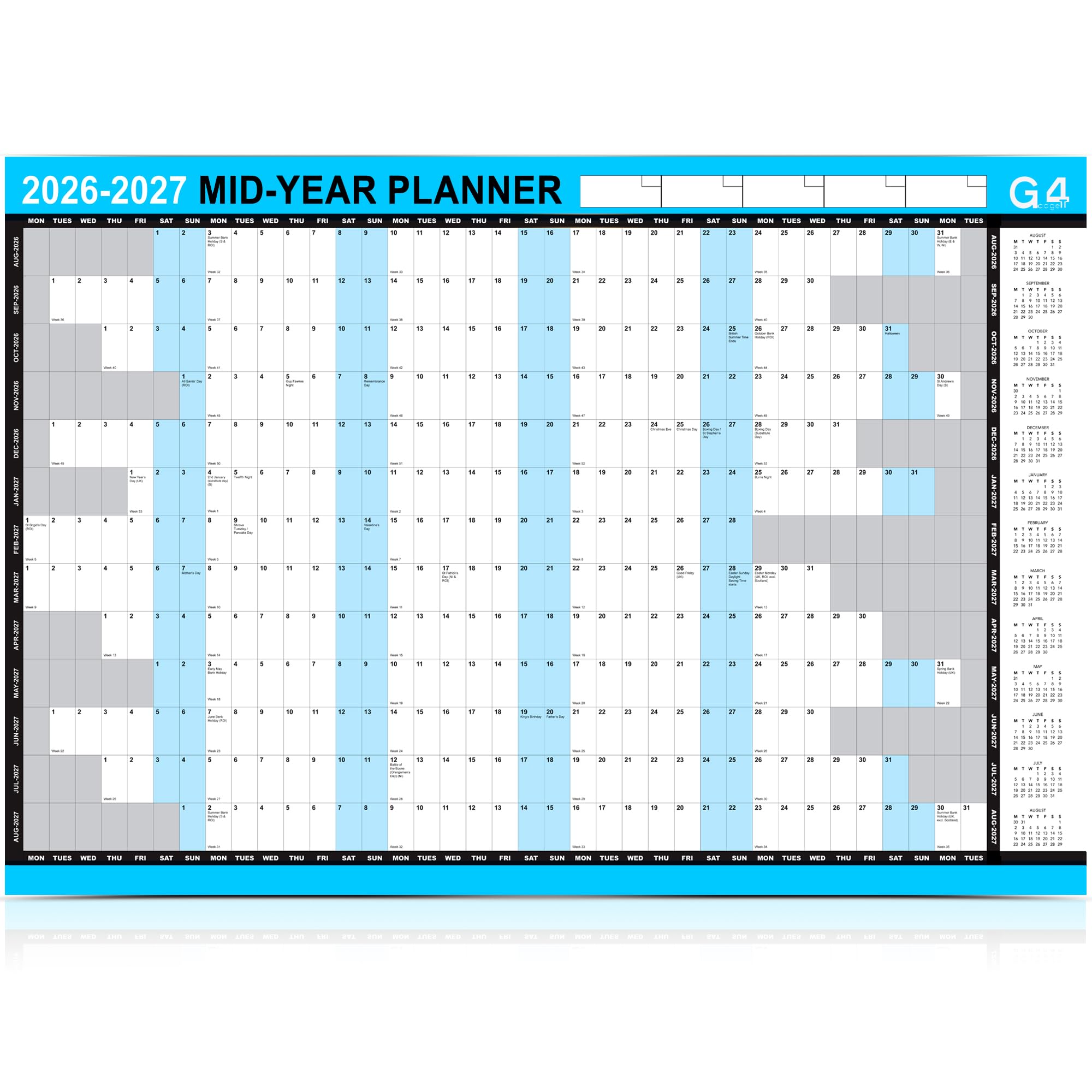 G4GADGET 2026-2027 A1 Academic Wall Planner (85 x 58cm) – 13 Month Mid Year School Year Calendar Aug 2026-Aug 2027 – Large Yearly Wall Planner for Home, Office, Teachers & Students