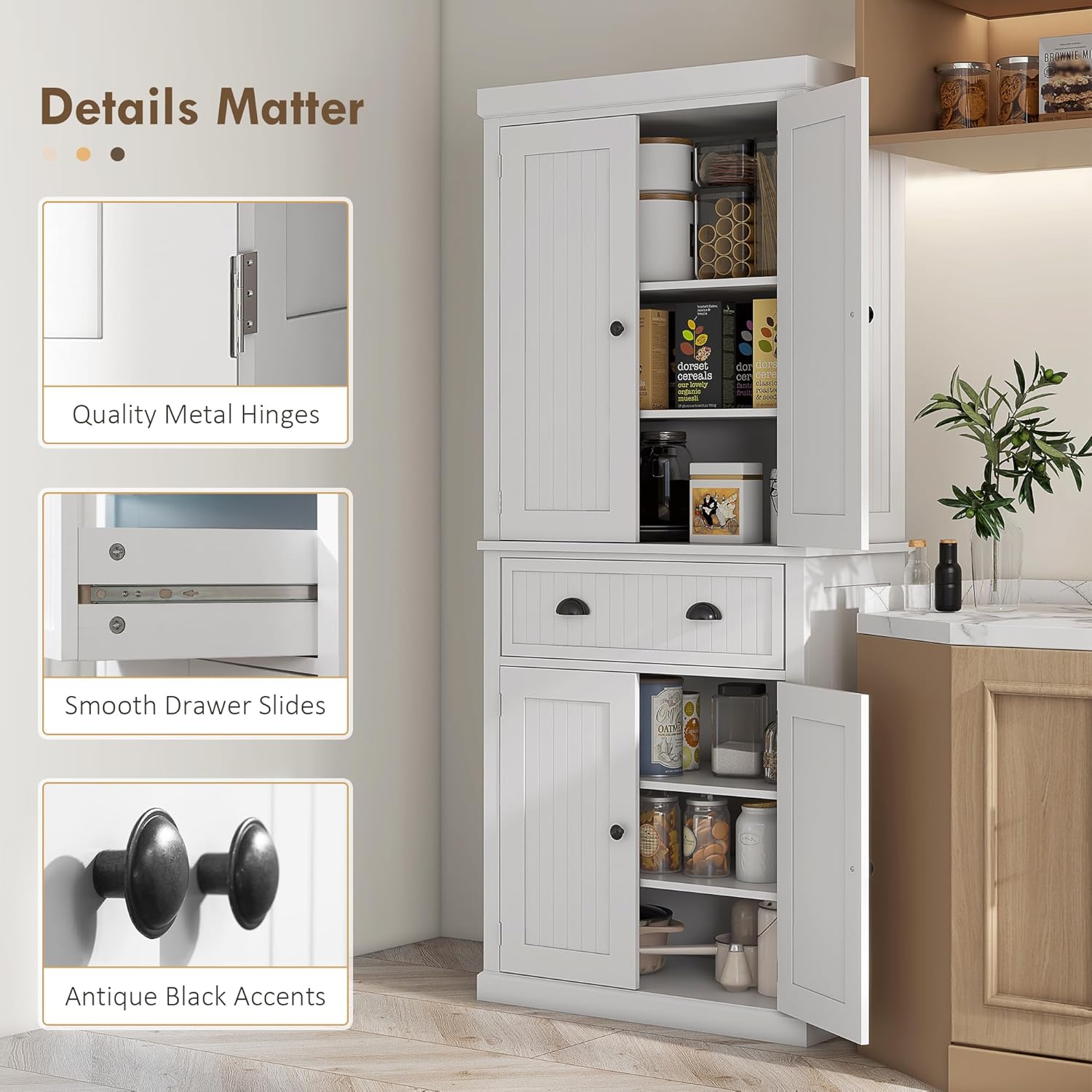 HOMCOM 72" Kitchen Pantry Cabinet, Freestanding Tall Storage Cabinet, Traditional Kitchen Cabinet with 4 Doors, Drawer and 3 Adjustable Shelves for Dining Room, White
