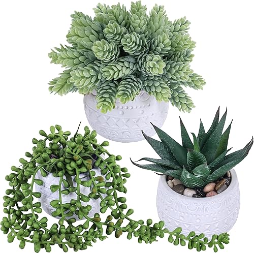 Miniatura 2 de Winlyn - 3 piezas de plantas suculentas artificiales pequeñas en macetas, aloe artificial colgante en macetas geométricas de concreto blanco y