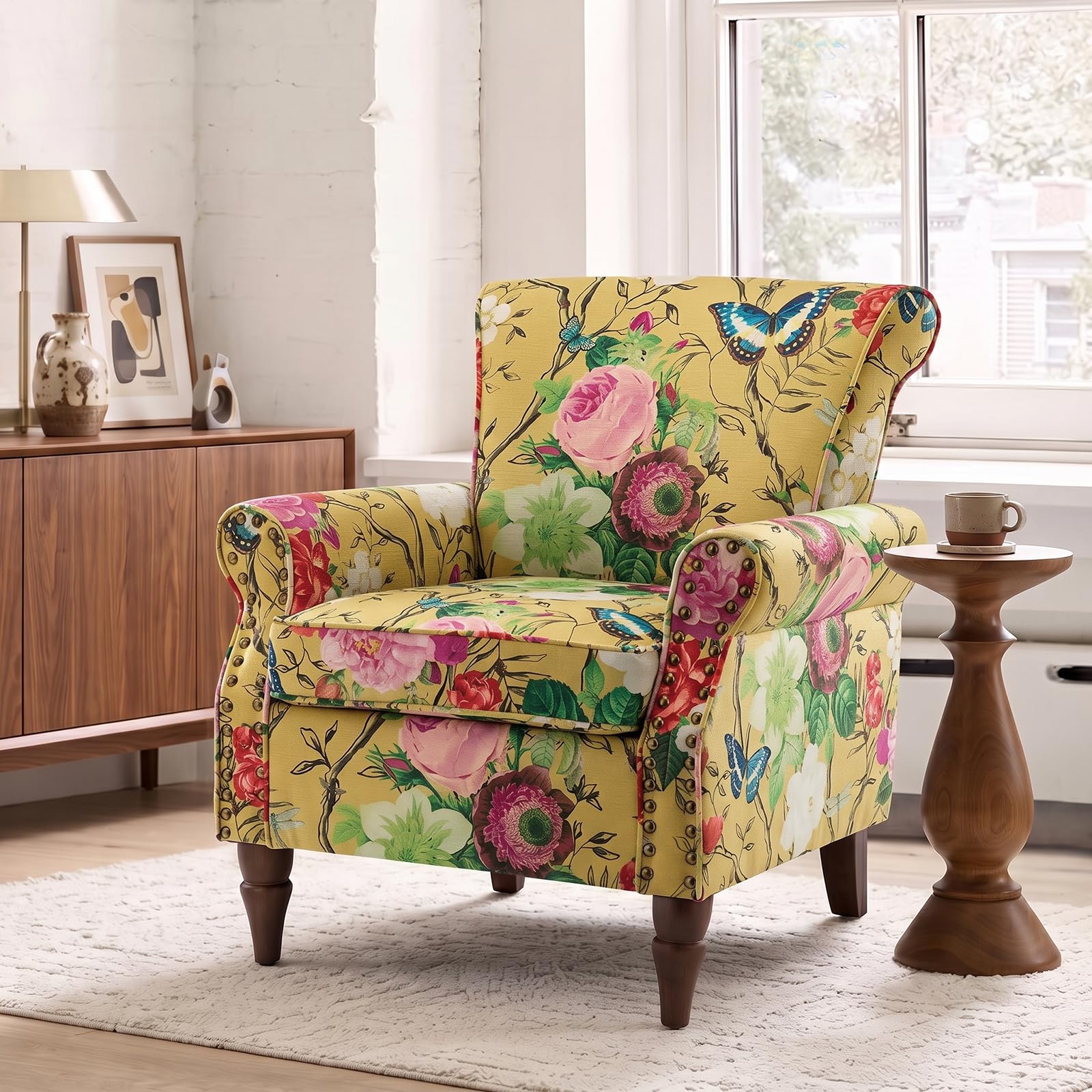 HULALA HOME Floral Wingback Armchair with Wood Legs for Living Room, Yellow — image 1
