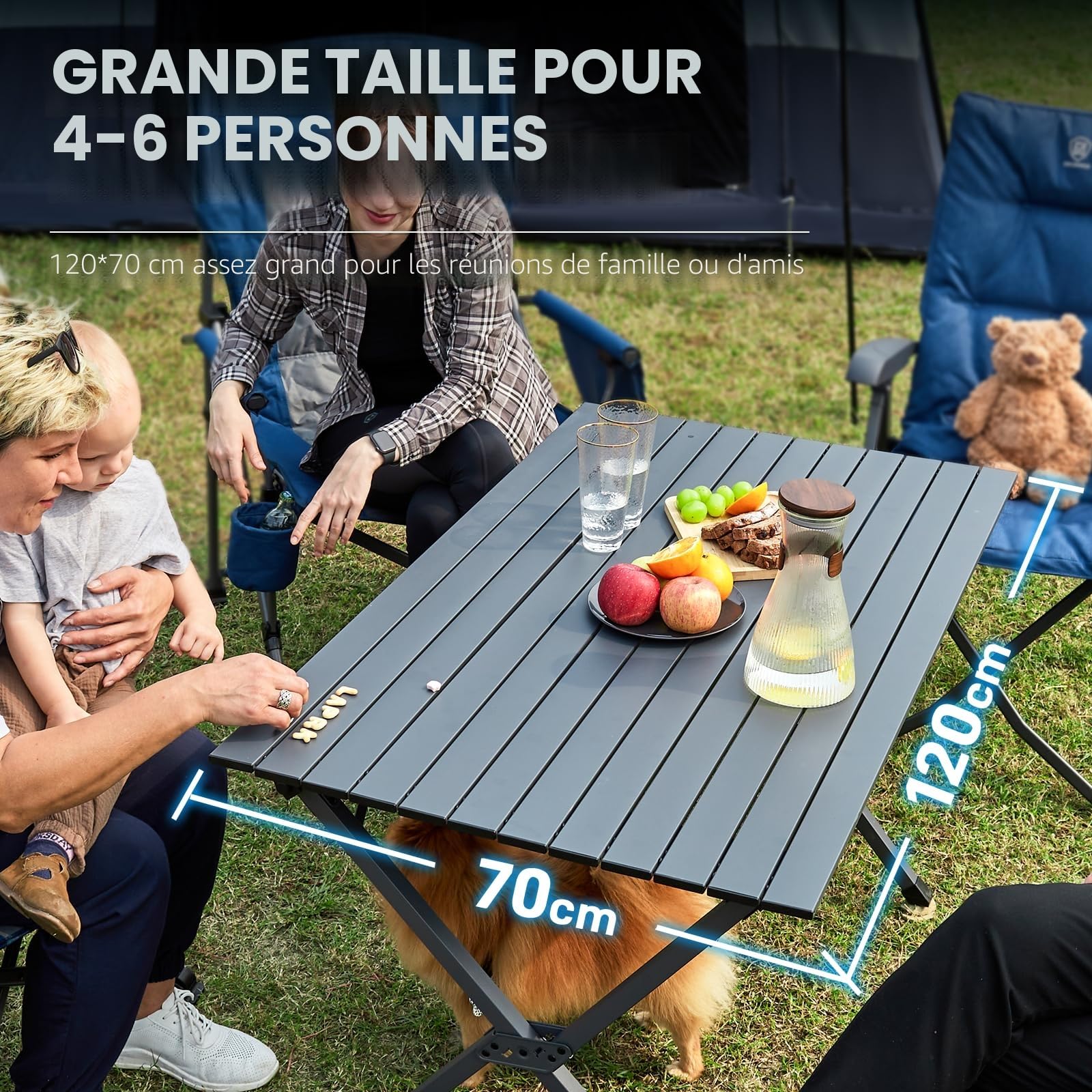 EVER ADVANCED Table de Camping Pliante 120x70cm, Plateau de Table en Aluminium, Capacité de Charge 80KG, pour 4-6 Personnes, avec Sac de Transport pour Camping Jardin Balcon, Gris